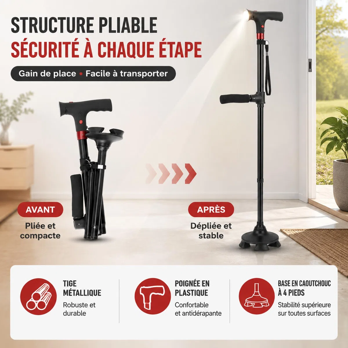 Astuvita Canne de Soutien avec Éclairage LED et Alarme de Sécurité - Canne de Marche Ergonomique et Lumineuse - Poignée Astuvita Confort - Aide à la Mobilité pour Senior - Pliable et Stable