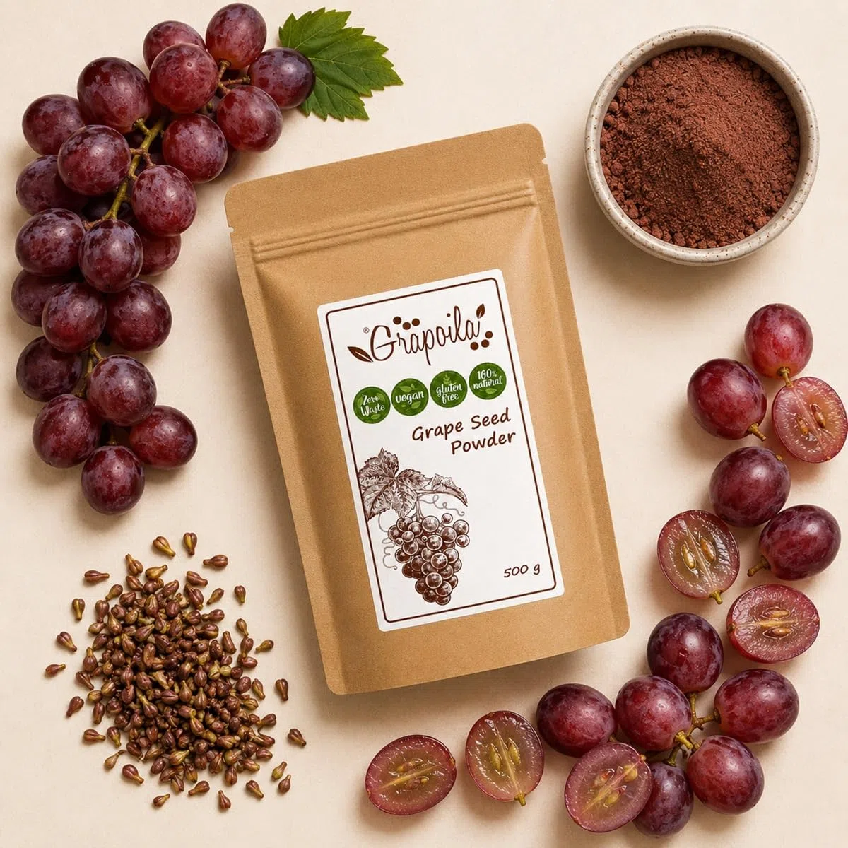 Poudre de pépins de raisin 500 g – Superaliment sain – Source naturelle de resvératrol