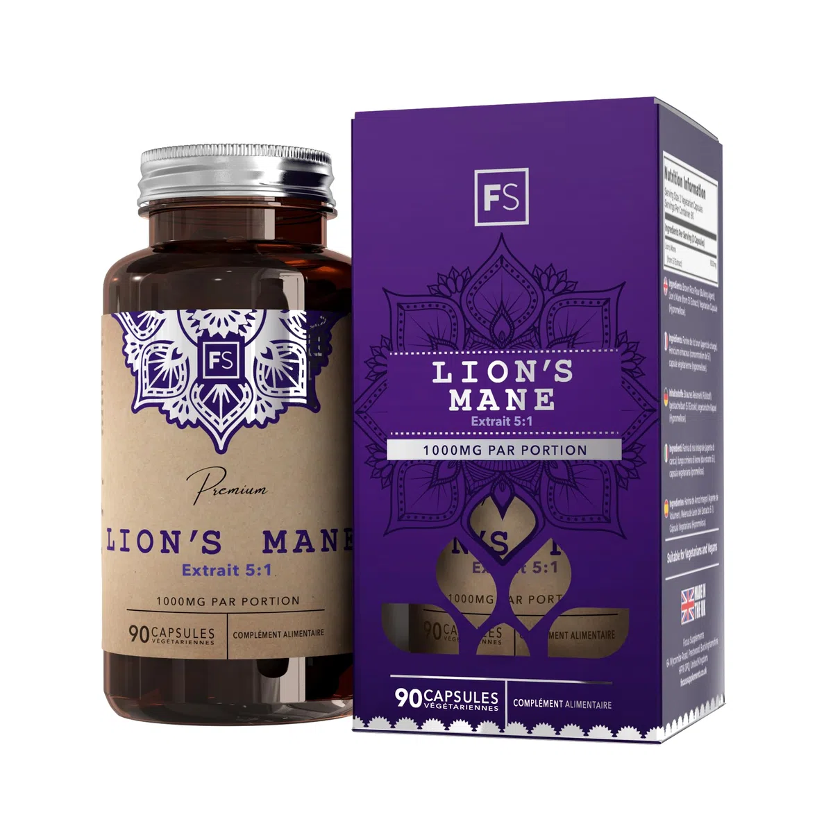 FS Lions Mane, 180 Gélules, 1000mg Extrait 5:1 Mushroom | Extrait de Lion's Mane 5:1 | Formule Champignon Haute Teneur | Sans OGM, Gluten & Produit Laitier | Fabriqué au Royaume-Uni