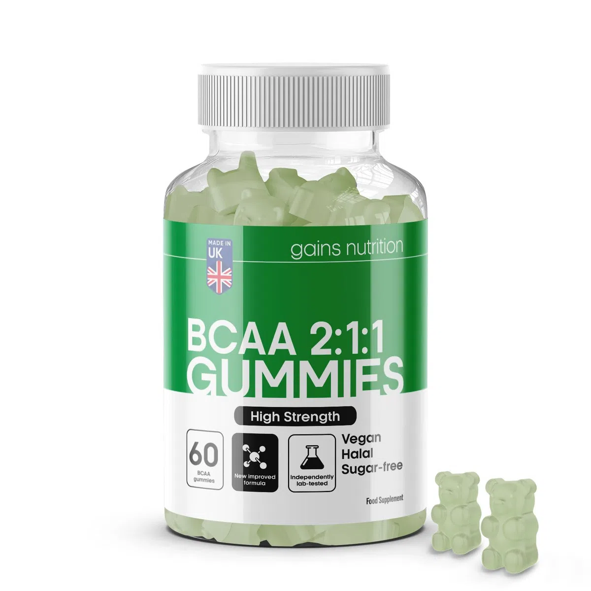 GN BCAA Gummies | 60 Gommes Acides Amines BCAA - 1000 mg Acide Aminé ramifié par portion - Complément L-Leucine L-Isoleucine L-Valine | Saveur pomme | Sans OGM Convient aux Végétaliens et Végétariens