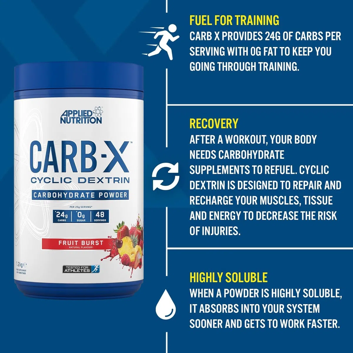 Applied Nutrition Carb X Glucides de Dextrine Cyclique en Poudre Hautement Ramifiés, Poudre Intra et Post-Entraînement, Végans, sans Gluten, sans Sucre, 48 Portions (1.2kg, Fruit Burst)