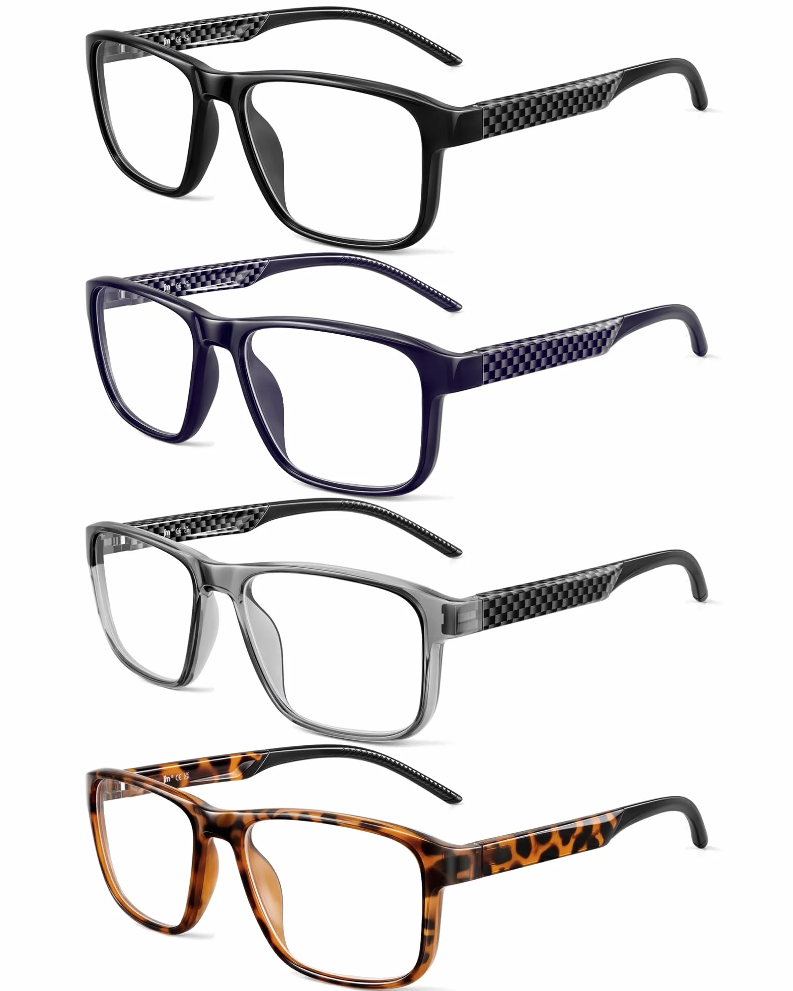 JM Lunette Loupe Homme avec CharnièRes à Ressort, Rectangulaire Classique Lunette de Lecture Anti Lumiere Bleue 4 Paquets