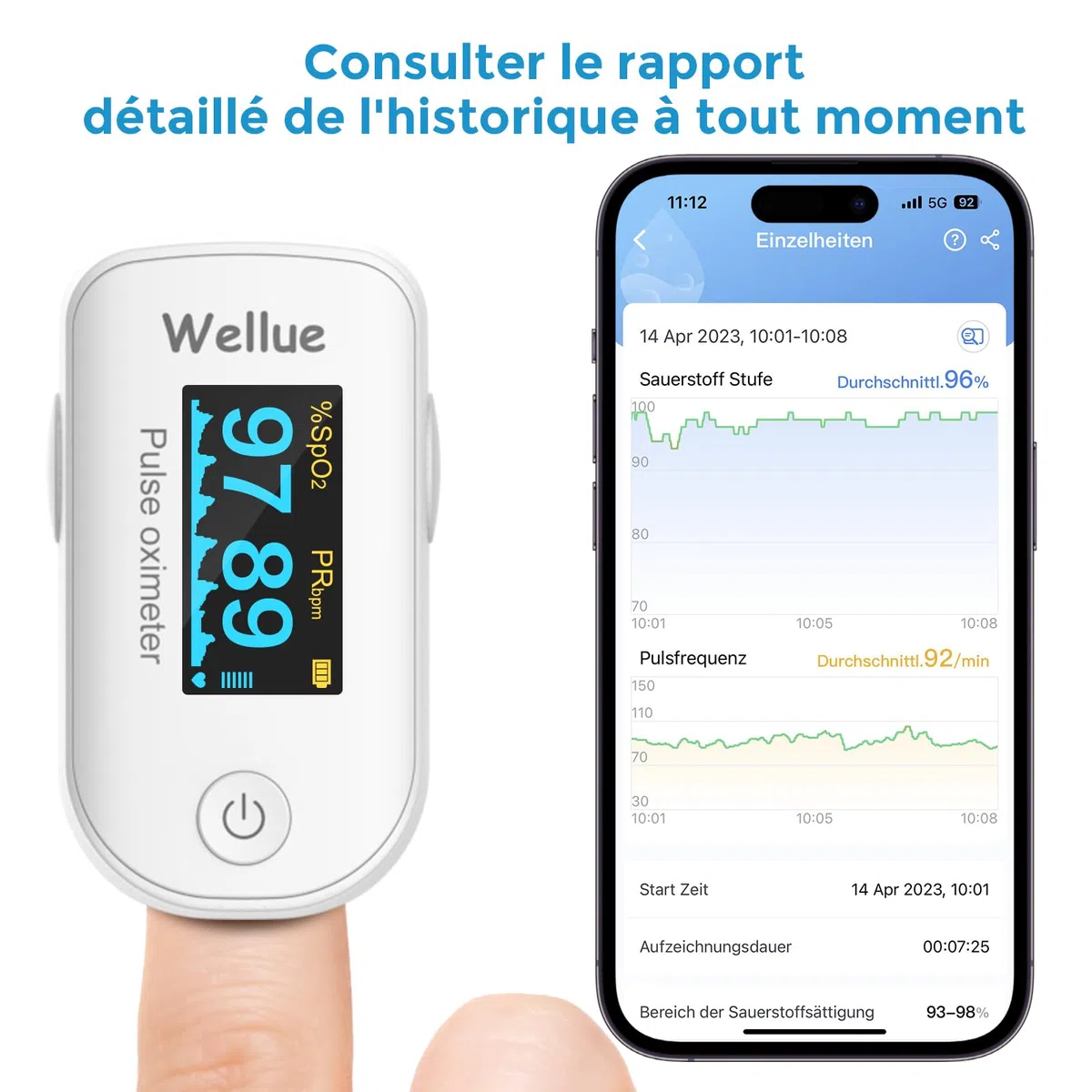 ViATOM Oxymètre de Pouls Bluetooth avec Rapport, Oxymètre de Doigt Saturometre, Moniteur de Fréquence Cardiaque avec Écran LED avec Piles, pour Mesurer Saturation en Oxygène (SpO2, PR et PI), Blaco