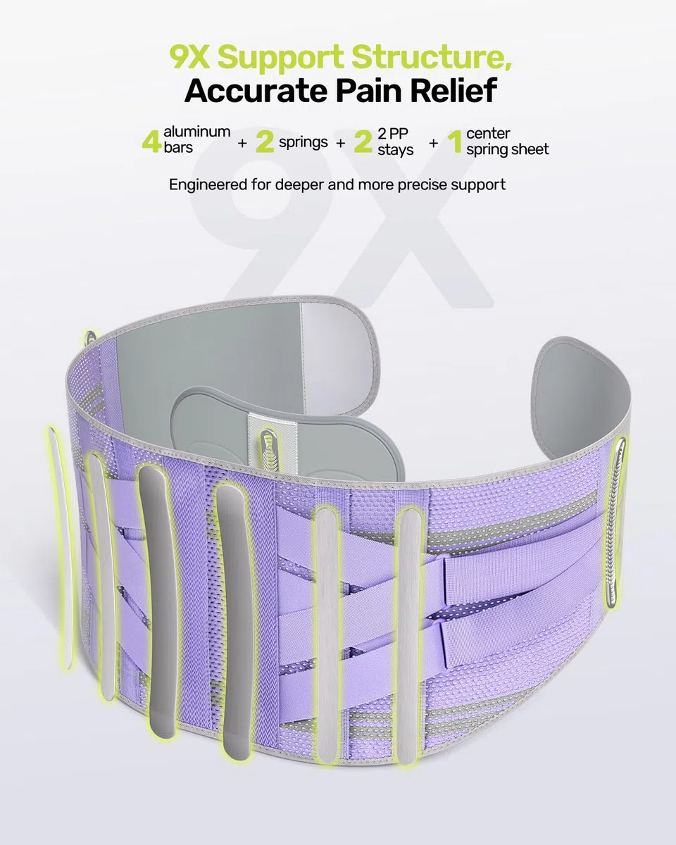 Rakiie Ceinture de soutien dorsal pour femme, système de soutien 9 positions avec coussinet en silicone 3D amélioré, soutien lombaire ergonomique réglable pour soulager la douleur (Violet, M)