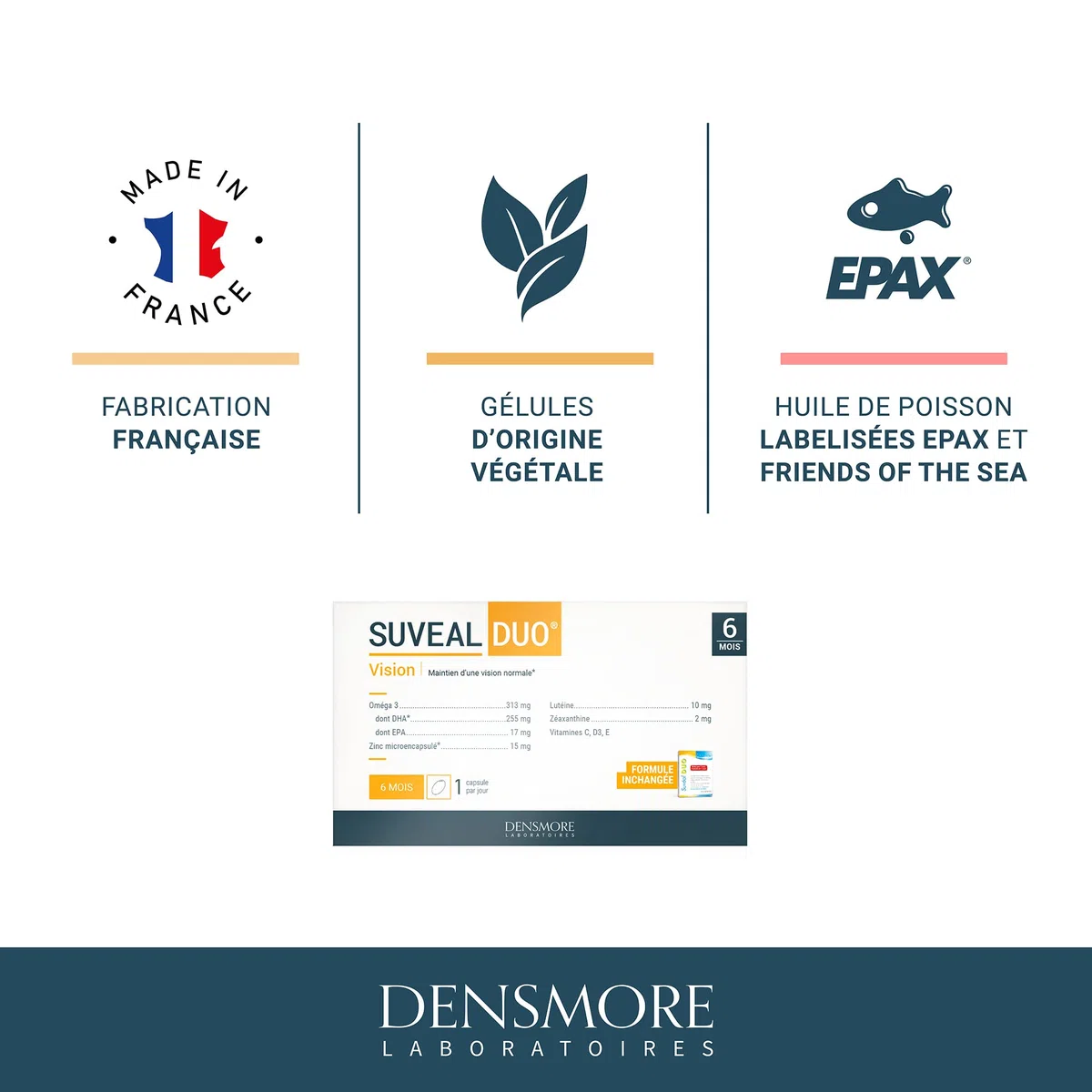 Densmore - SUVEAL Duo - Complément Alimentaire Ophtalmologique à base de DHA (Oméga 3), Lutéine, Zéaxanthine, Vitamines et Zinc - Idéal Vision - 180 Capsules - Cure de 6 mois - Fabriqué en France