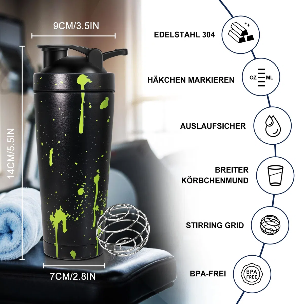 750ml Shaker Proteine, Shaker Proteine Inox, avec Boule en Spirale, sans BPA, étanche, Facile à Nettoyer, inoxydable Protéines Bottle de protéines, Bottle de protéines Conservation de la chaleu - Noir