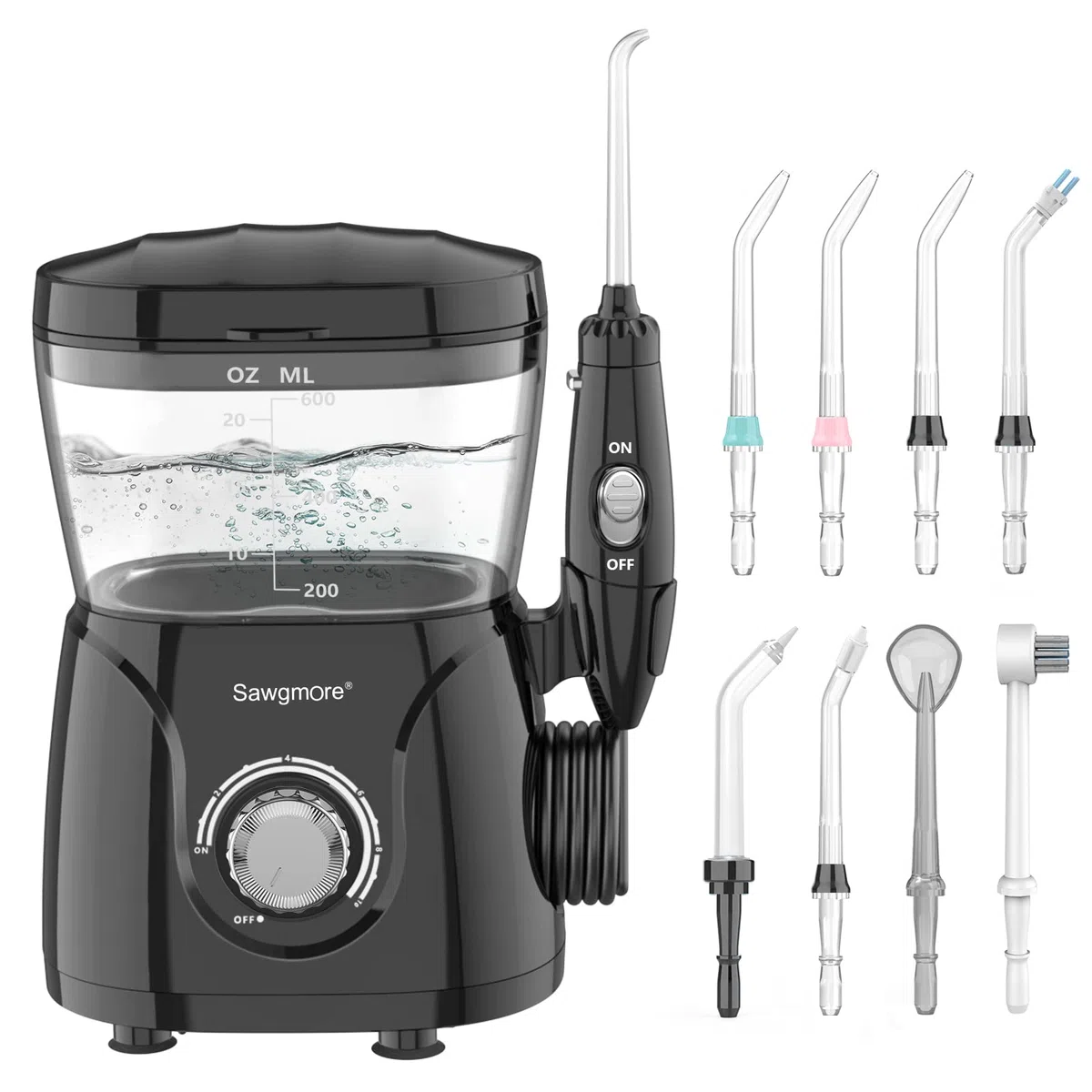 Sawgmore Jet Dentaire Hydropulseur, Hydropulseur Dentaire Professionnel avec 8 Busettes Multifonctionnelles, 10 réglages de pression d'eau, 600ML Irrigateur Dentaire Pour Les soins Familiaux Noir