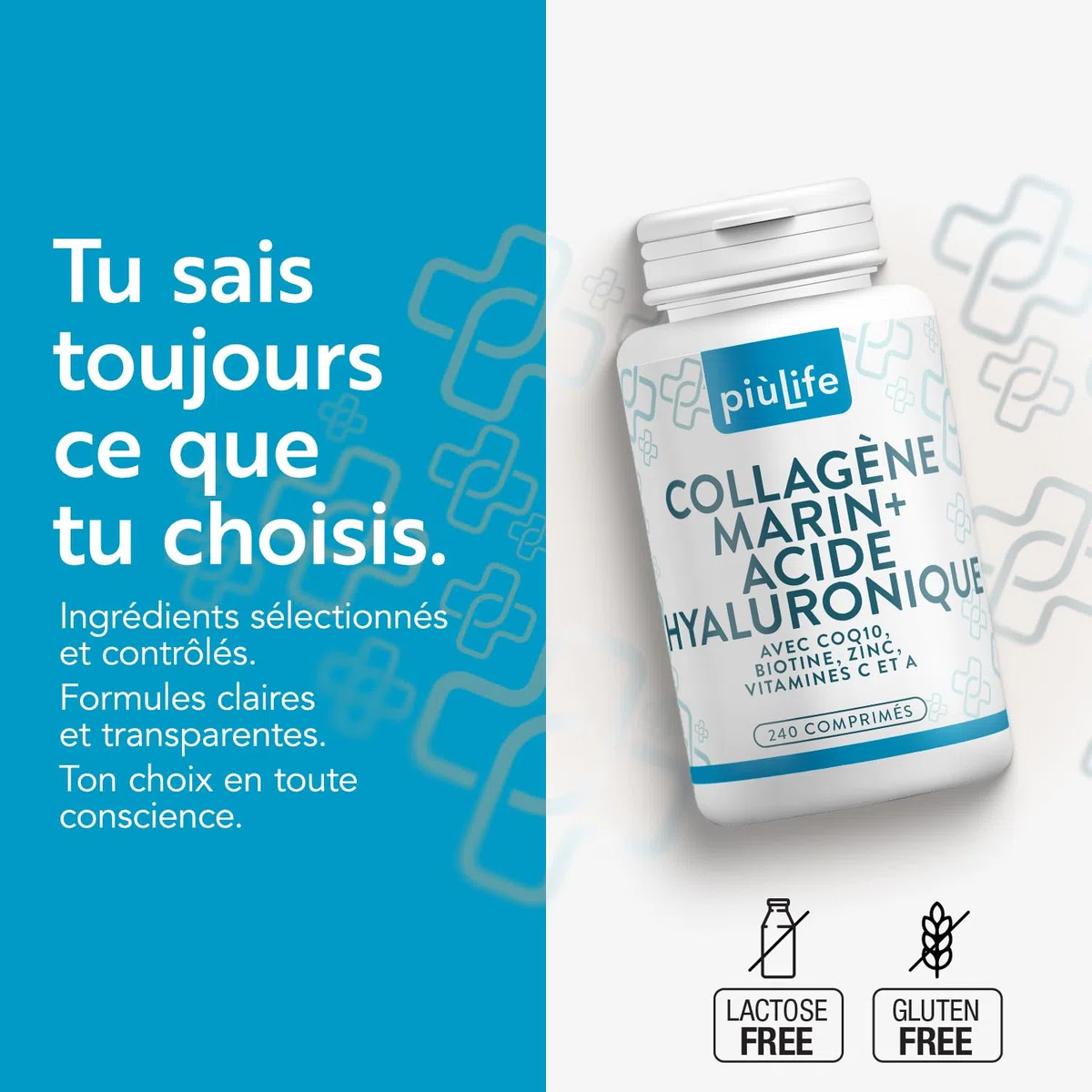 Collagène Marin Acide Hyaluronique PiùLife – 2000 mg Collagène Hydrolysé Type 1, Vitamine C, Biotine, Zinc, Q10 – 240 Comprimés – Peau, Cheveux, Articulations