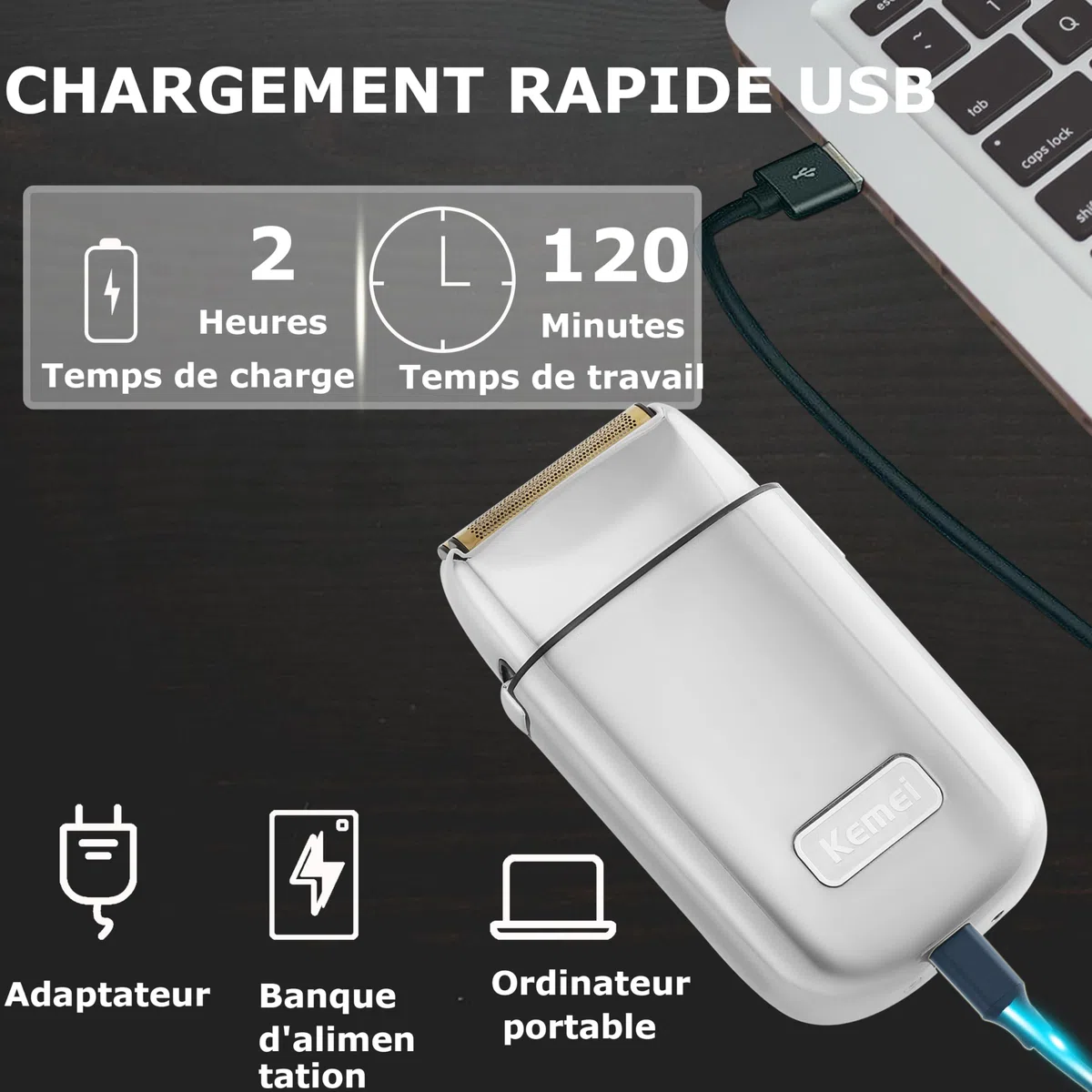 KEMEI TX1S Rasoir électrique sans fil en métal double feuille pour homme | Rechargeable de type C pour le rasage humide et sec