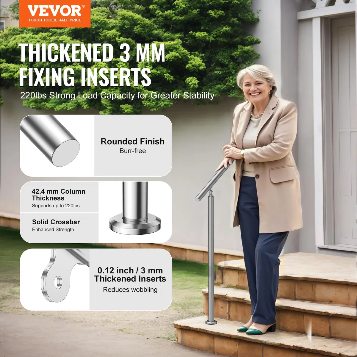 VEVOR Rampe d'Escalier, 100 cm, Main Courante Escalier pour Marches Extérieures en Acier Inoxydable, avec Kit d'Installation, Barre d'Appui à Double Colonne, pour Personnes Âgées, Porche, Terrasse