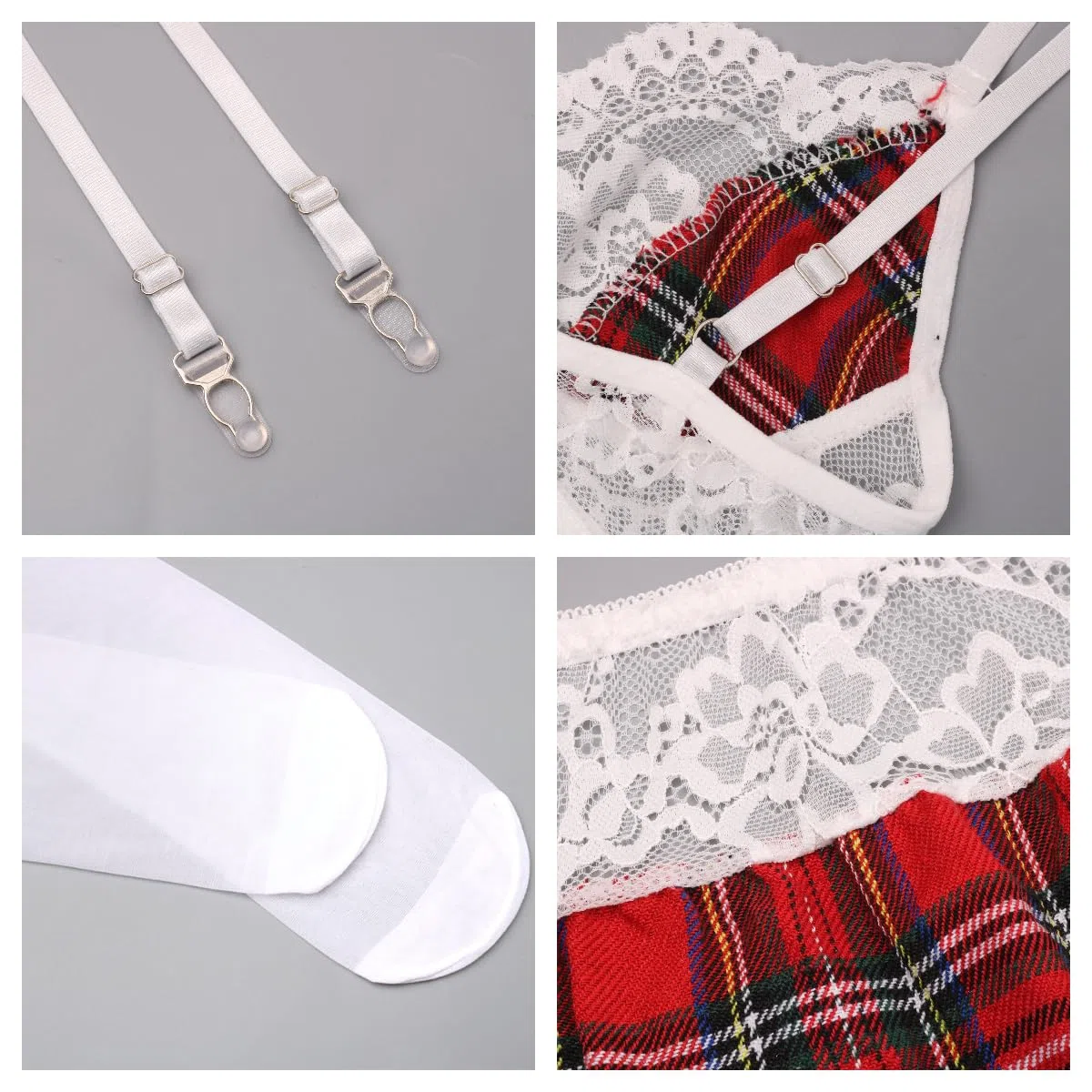 Ensemble de Lingerie Femme 5 Pièces en Dentelle avec Soutien-Gorge et Jupe Plissée de Lingerie Plaid Jupe Costume Nuisette Lingerie Rôle sous-Vêtements