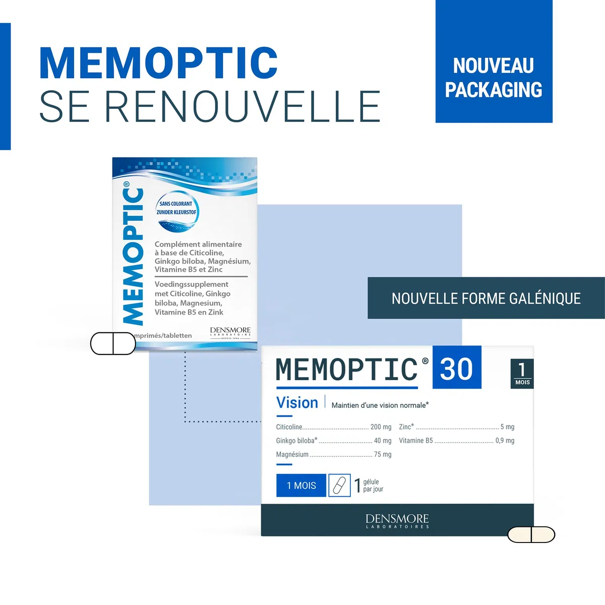 Densmore - MEMOPTIC Complément Alimentaire Mémoire et Vision à base de Citicoline (traitement Glaucome) - Ginkgo biloba Magnésium Vitamine B5 Zinc - 30 comprimés - Cure de 1 mois - Fabriqué en France