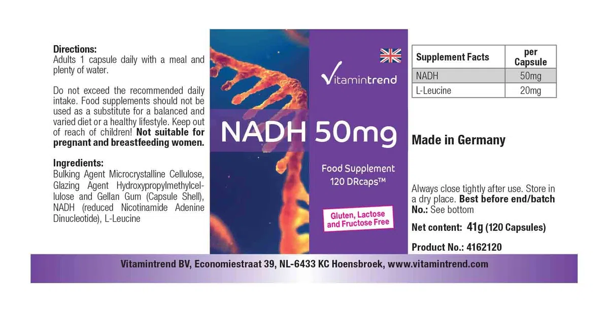 Vitamintrend NADH hautement dosé 50 mg, 120 capsules, facile à avaler, DRcaps à libération retardée, complément alimentaire végan sans additifs, fabriqué en Allemagne