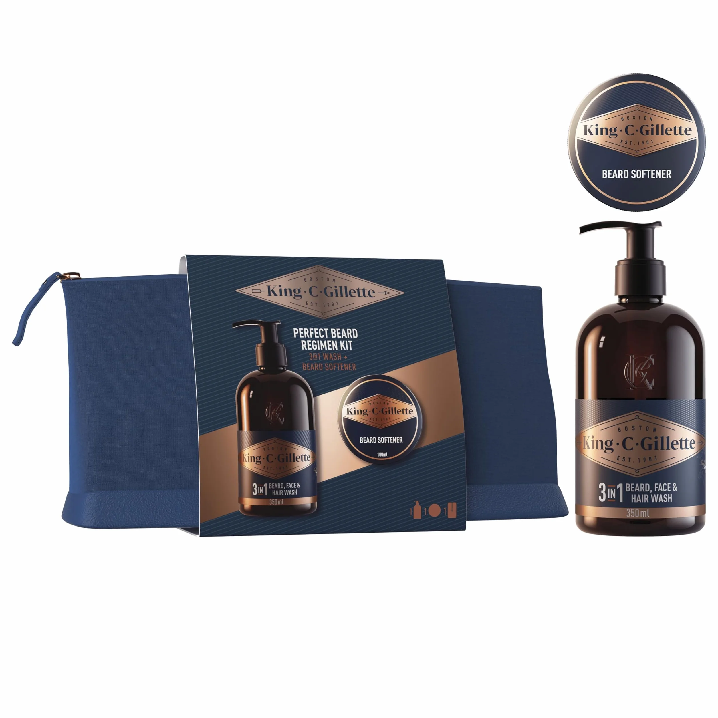 King C. Gillette Kit Barbe Homme avec 2 Soins Visage – Parfum avec des Notes de Bois de Santal, Coffret avec Nettoyant 3-en-1 350 ml, Baume Adoucissant 100 ml, Trousse de Voyage
