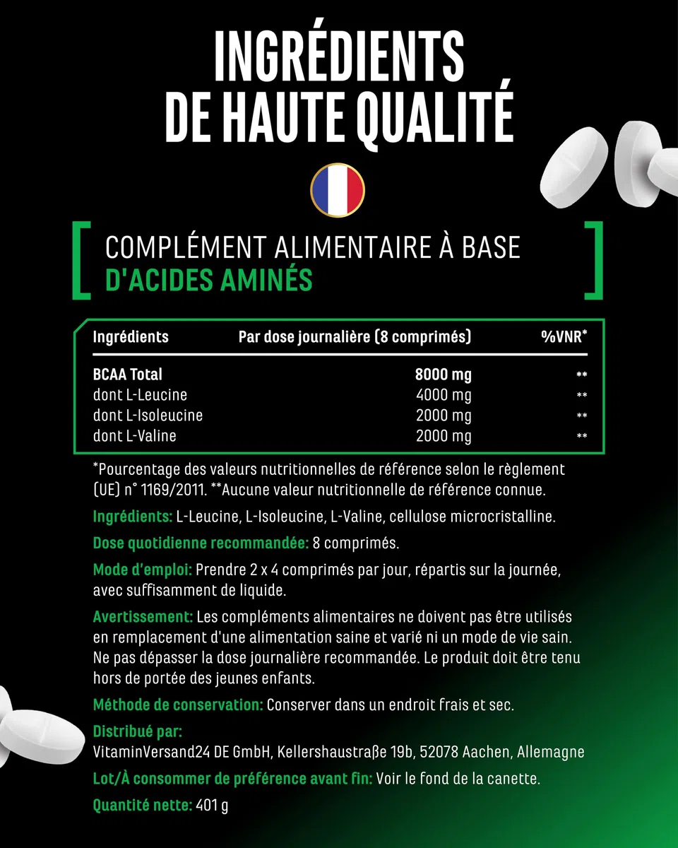 BCAA Ultra Tabs - 365 Comprimés avec 1000 mg de BCAA par Comprimé - Ratio Optimal 2:1:1 - Complexe d’Acides Aminés à Base de Leucine, Isoleucine & Valine - Vegan
