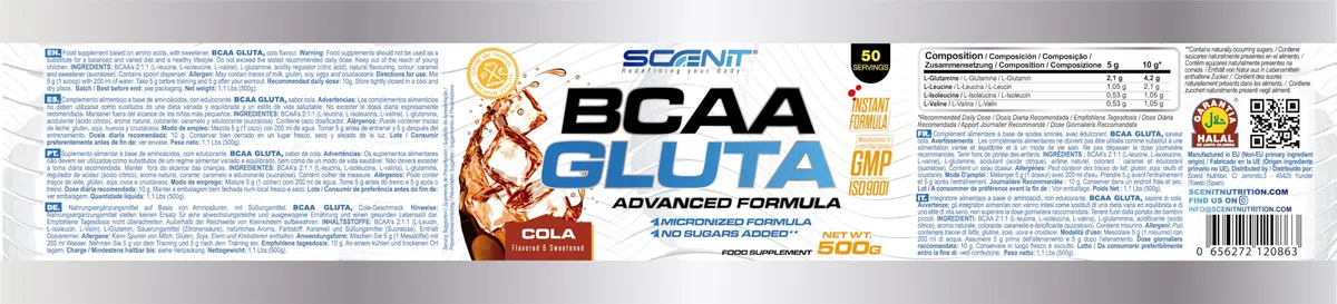 BCAA Poudre - BCAA GLUTA - 500 g - Bcaa Glutamine - L Glutamine - BCAA - BCAA 2.1.1 - BCAA en poudre, Acide aminé, amino acids - Leucine, Valine, Isoleucine - acides aminés, glutamine poudre (Cola)
