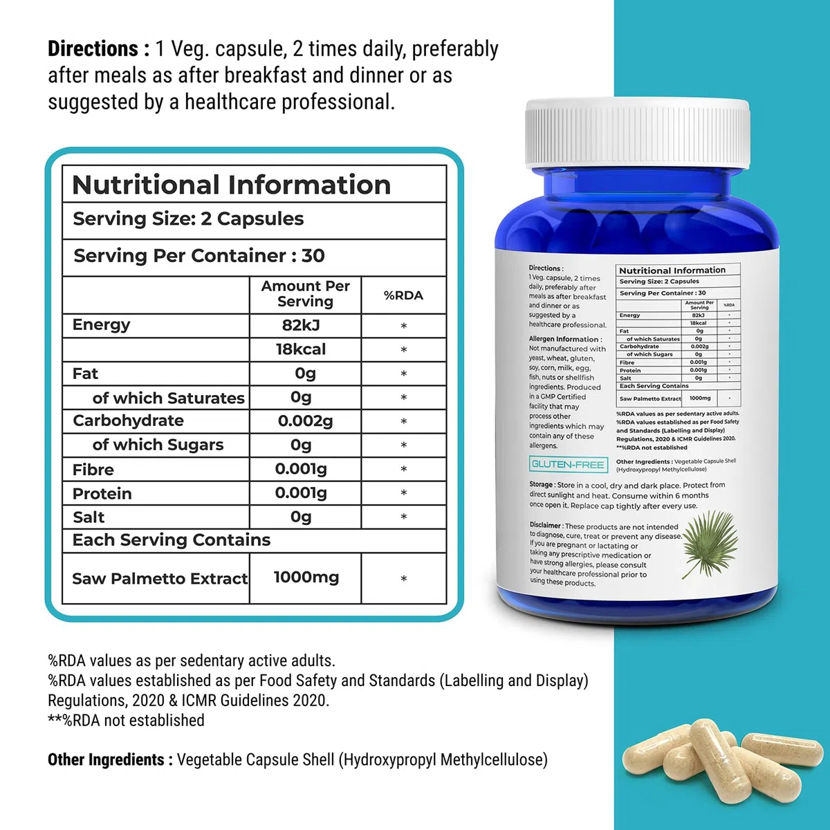 Biovitalia Saw Palmetto Extract Capsules 1000mg Dietary Supplement for Hair Growth | Supports Prostate Health & Urinary Function | Good & Natural Support for Men & Women - 60 Veg Capsules