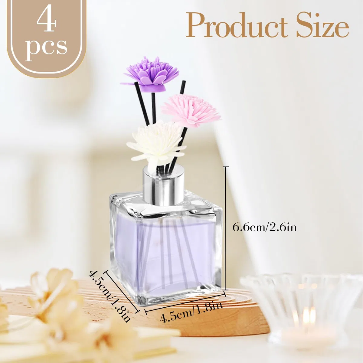 JSMTKJ Diffuseur Parfum Maison 4 Pcs Flacon Diffuseur en Verre Bouteille | Diffuseur Carré 50ml Diffuseur de Roseau pour Parfum Huile Essentielle Maison Chambre