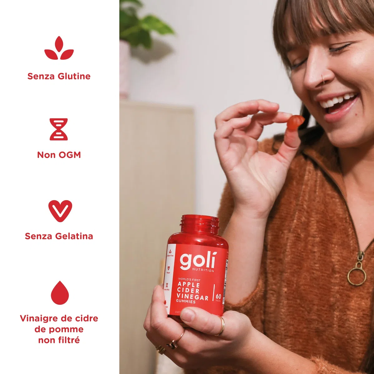 Goli Nutrition, Apple Cider Vinegar Gummies (Gommes au Vinaigre de Cidre), 500mg, 60 Gommes végétaliennes, Sans Gélatine, Sans Gluten, Végétarien, Sans OGM