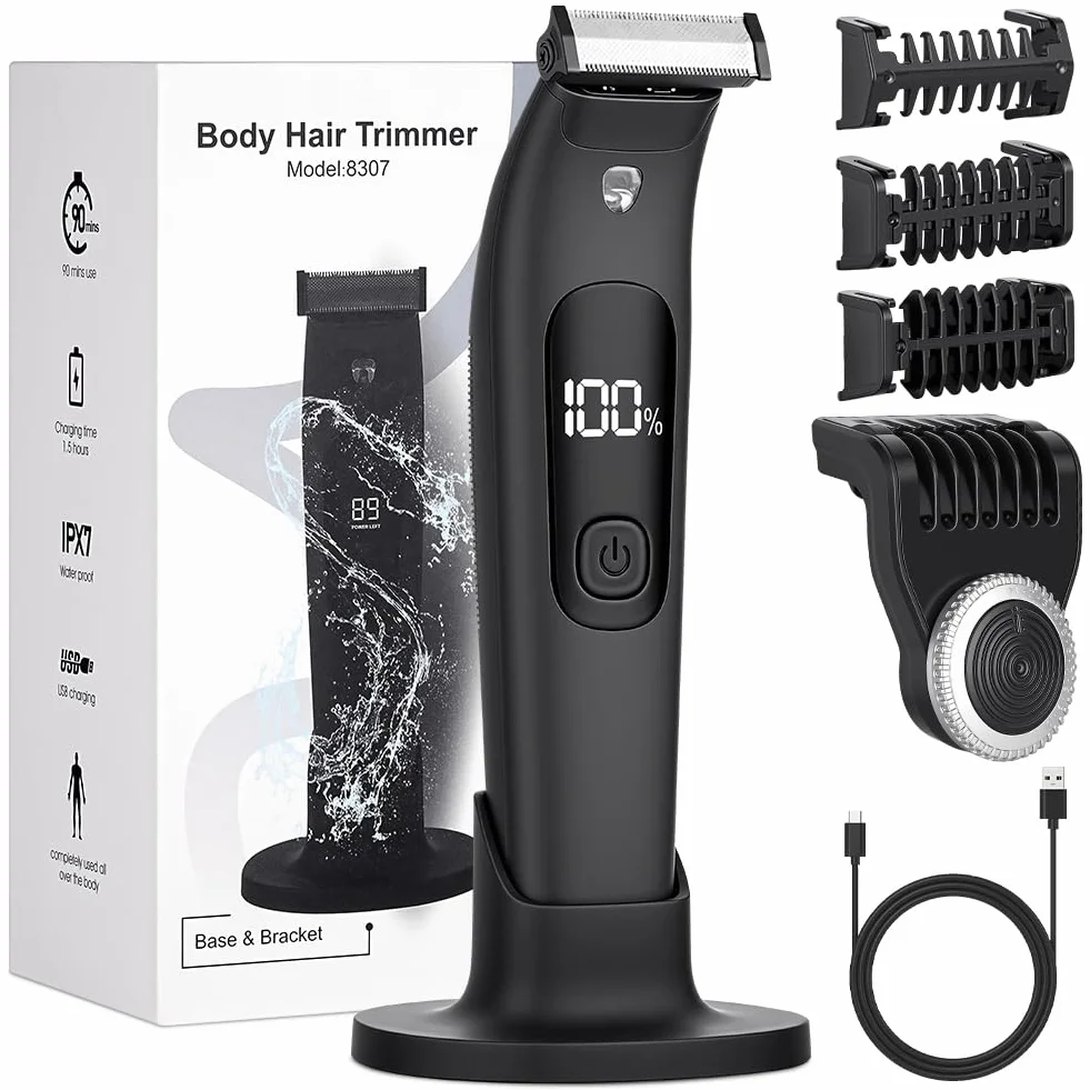 Tondeuse Corps Homme,Tondeuse Intime Homme avec écran LED,Rechargeable par USB-C,IPX7 Rasoir Intime Étanche Wet & Dry pour Aisselles,visage,maillot,poils