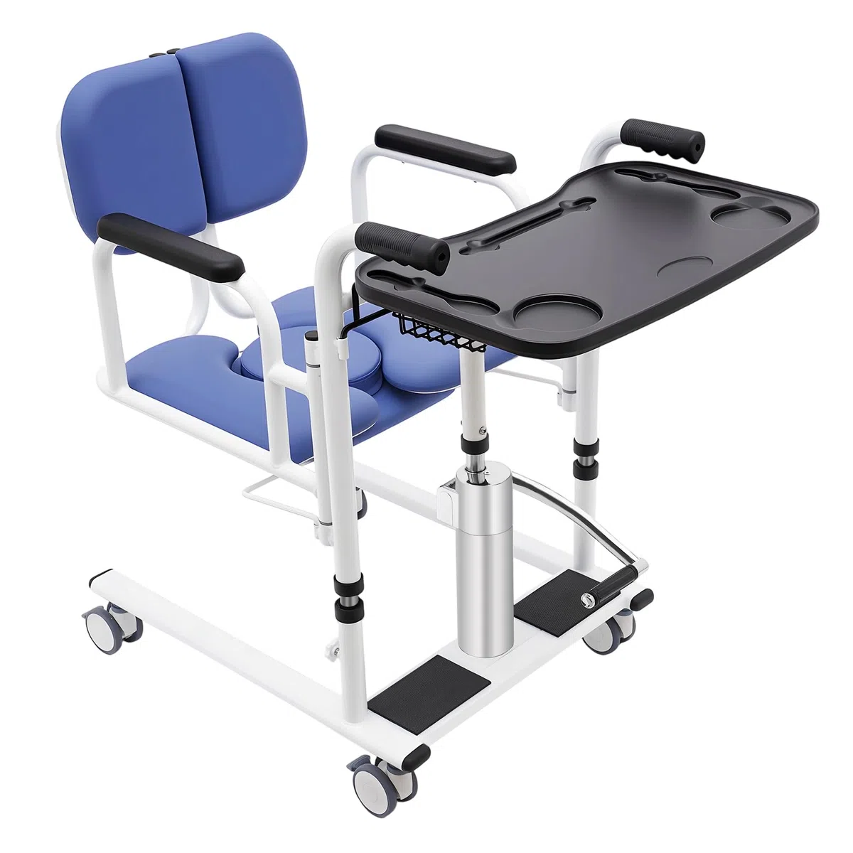 Chaise de transfert hydraulique pour patients - Hauteur réglable - Avec roulettes et siège divisé - Charge maximale : 150 kg - Pour l'intérieur et l'extérieur