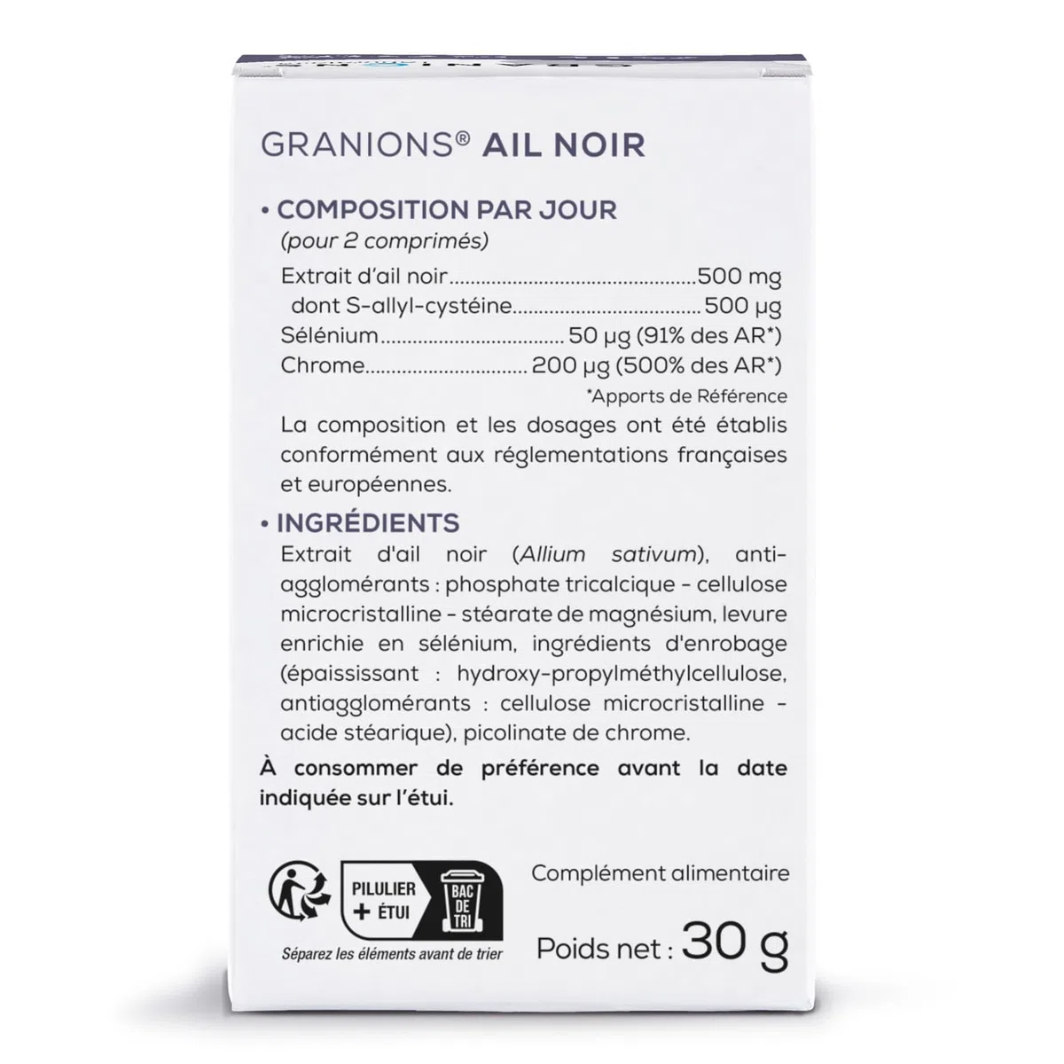 Ail Noir fermenté GRANIONS | Complement Alimentaire cholestérol | Riche en Ail noir fermenté 500 mg avec Selenium + Chrome | Anti cholesterol naturel | Made in France | 60 comprimés