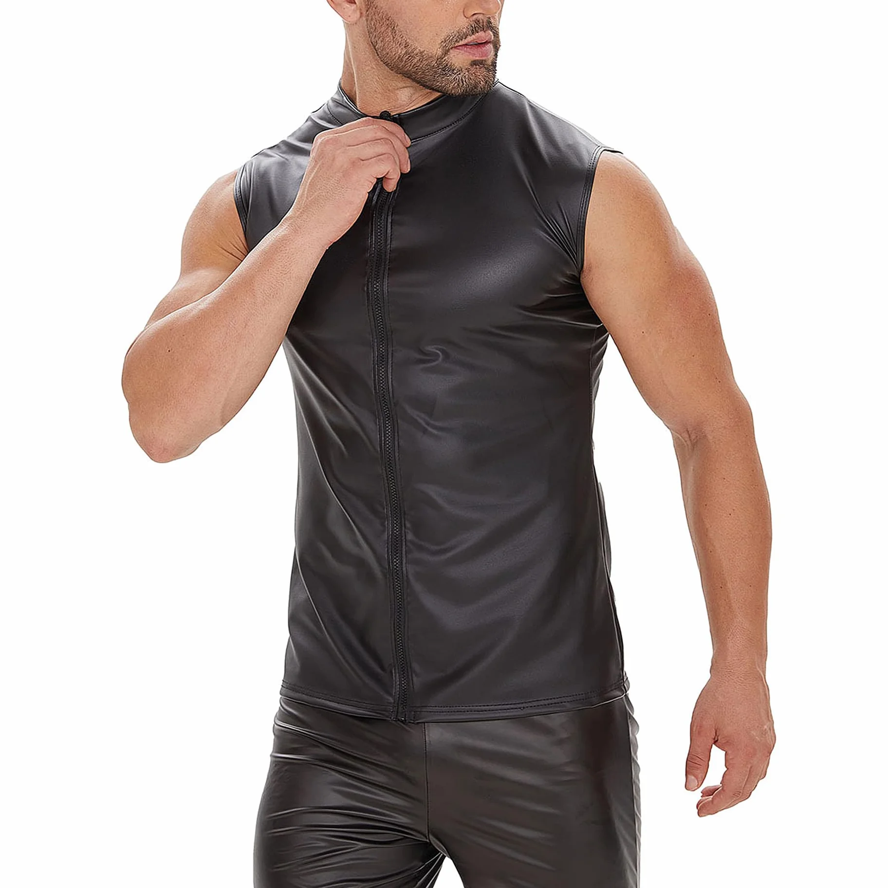 T-shirts en latex pour homme - Similaire au latex - T-shirt pour homme - Noir - Sexy - En cuir mat - Sans manches - Effet mouillé - En cuir verni - Pour homme