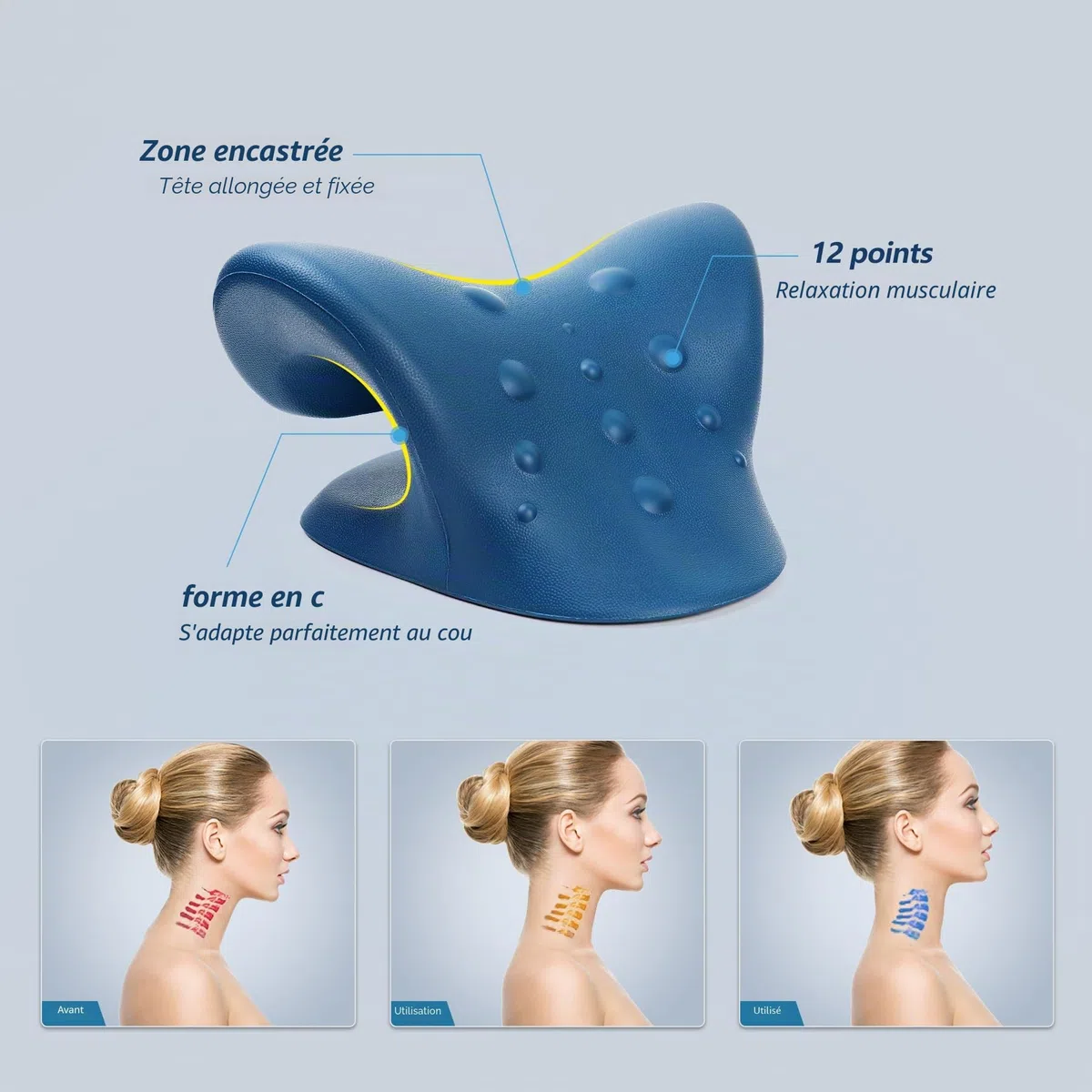Cozyhealth Étireur de cou pour soulager les douleurs cervicales, relaxant du cou et des épaules, dispositif de traction cervicale, oreiller pour soulager la douleur de l'ATM (bleu foncé)