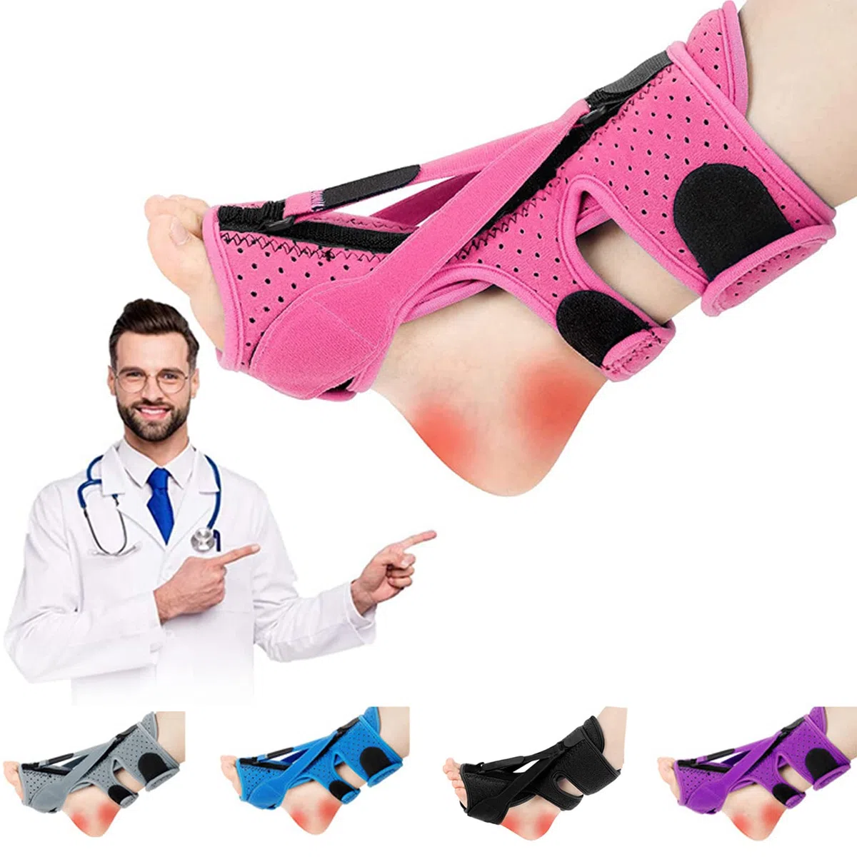 Attelle de Nuit Plantar Fasciitis, Nouveau Avec 3 Attelles Ajustables Pour Fasciite Plantaire,Support de Fasciite Plantaire Respirant pour Pieds Plats, Talons, Cheville (Rose)