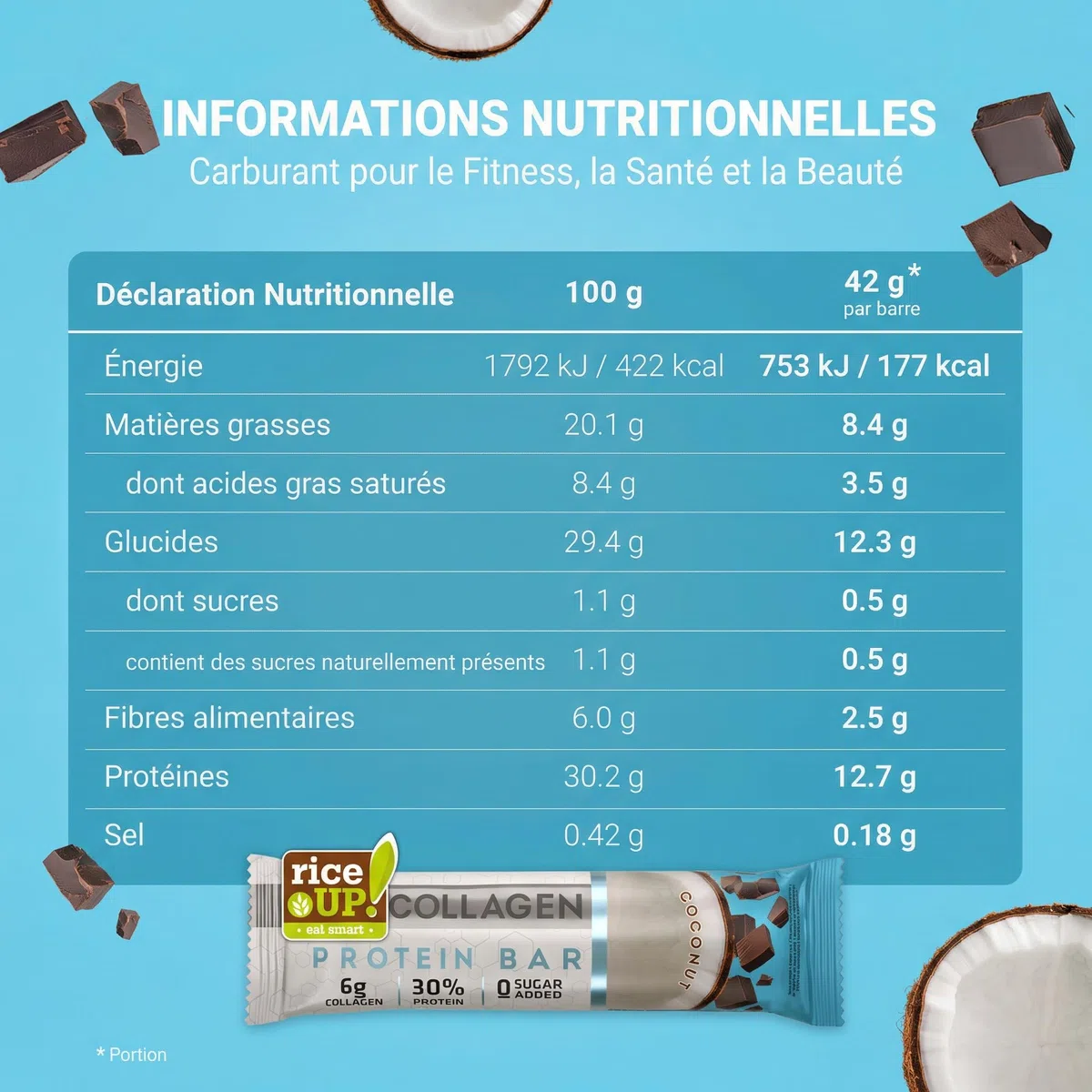 RiceUP! Barre Protéinée Noix de Coco au Collagène – 30% Protéines, 6000 mg Collagène Type I & III, Sans Sucre Ajouté, Moins de 215 kcal – Snack Protéiné 12 x 42 g