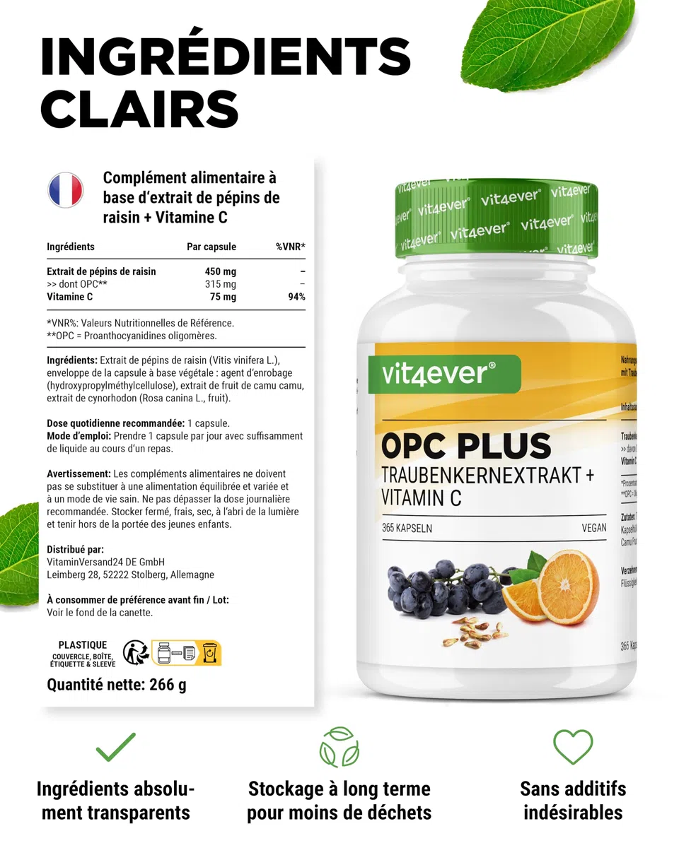 Extrait de Pépins de Raisin OPC + Vitamine C Naturelle - 365 capsules pour 12 Mois - Teneur en OPC la Plus Élevée selon HPLC - De Raisin - Vegan