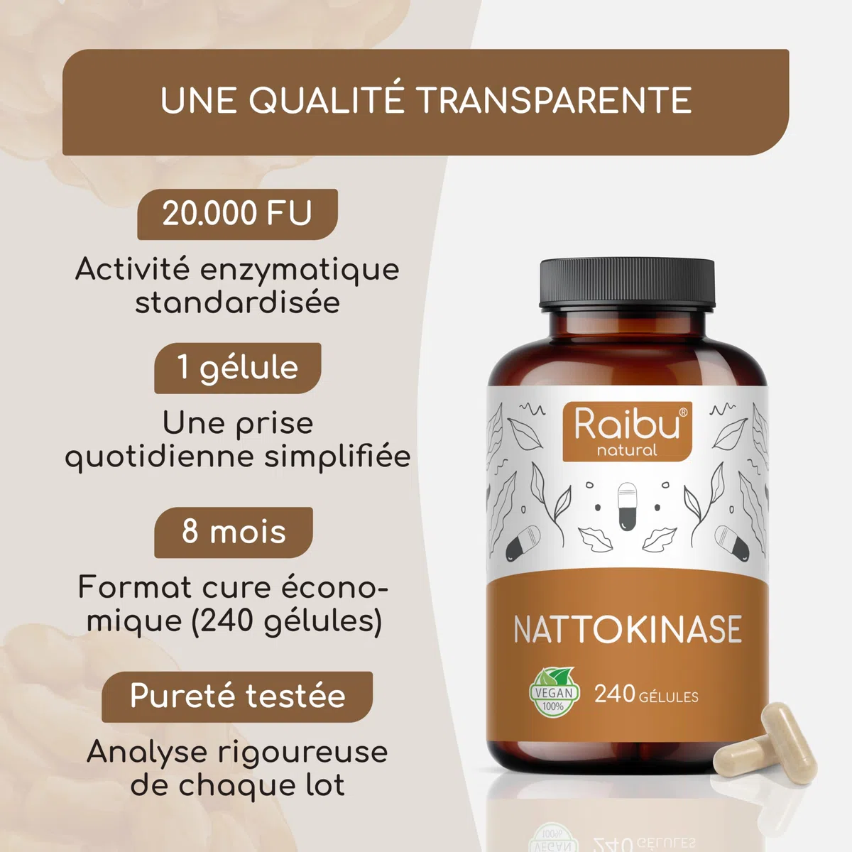 Nattokinase 100 mg (20.000 FU/g) Hautement Dosé de Raibu I 240 Gélules- 8 mois d'approvisionnement I Natto à base de soja I Testé en Laboratoire et végétalien I Sans additifs indésirables
