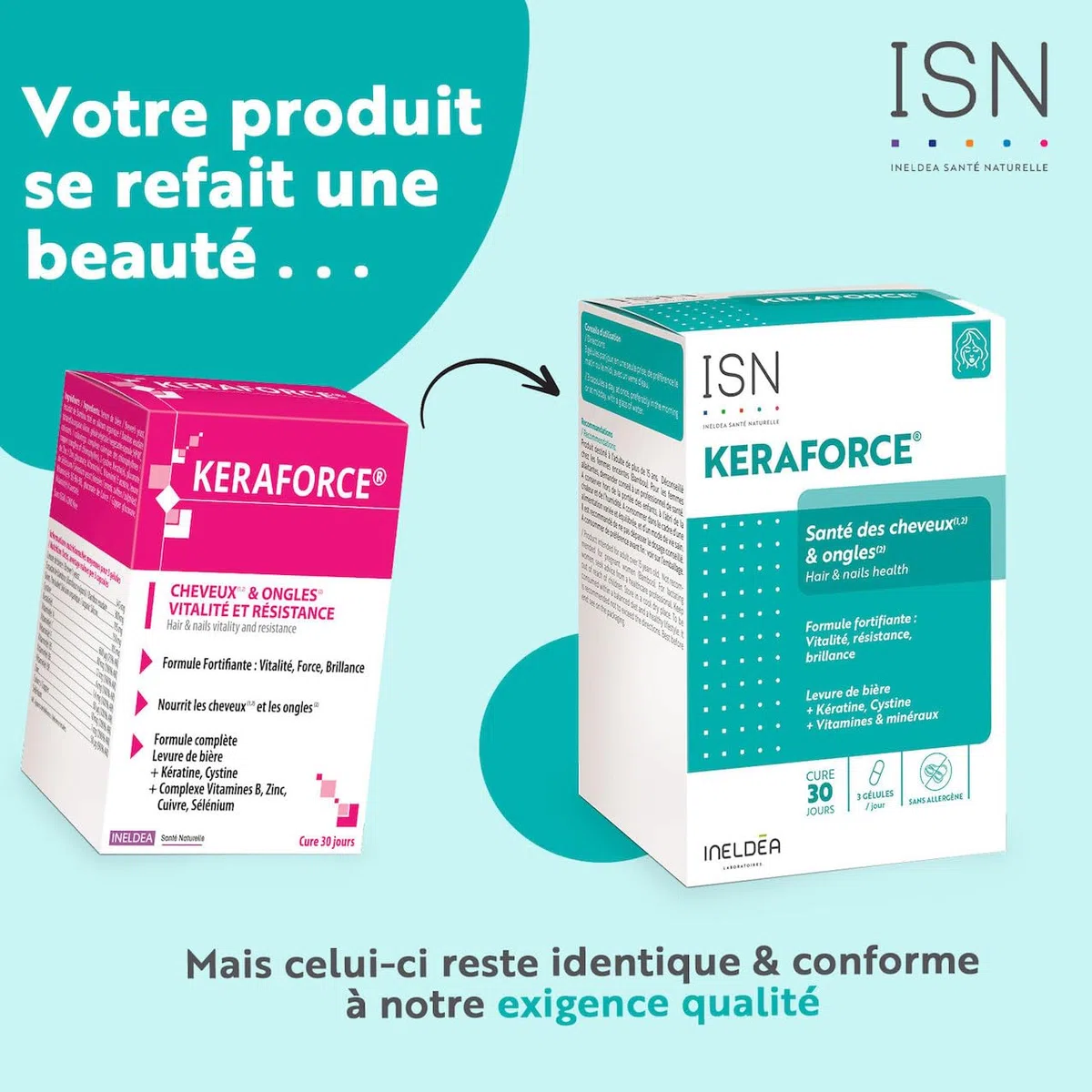 Ineldea Santé Naturelle - Keraforce - Nourrit les cheveux et les ongles - Améliore la résistance et la beauté - Kératine + Levure de Bière + Vitamines - Cure 30j