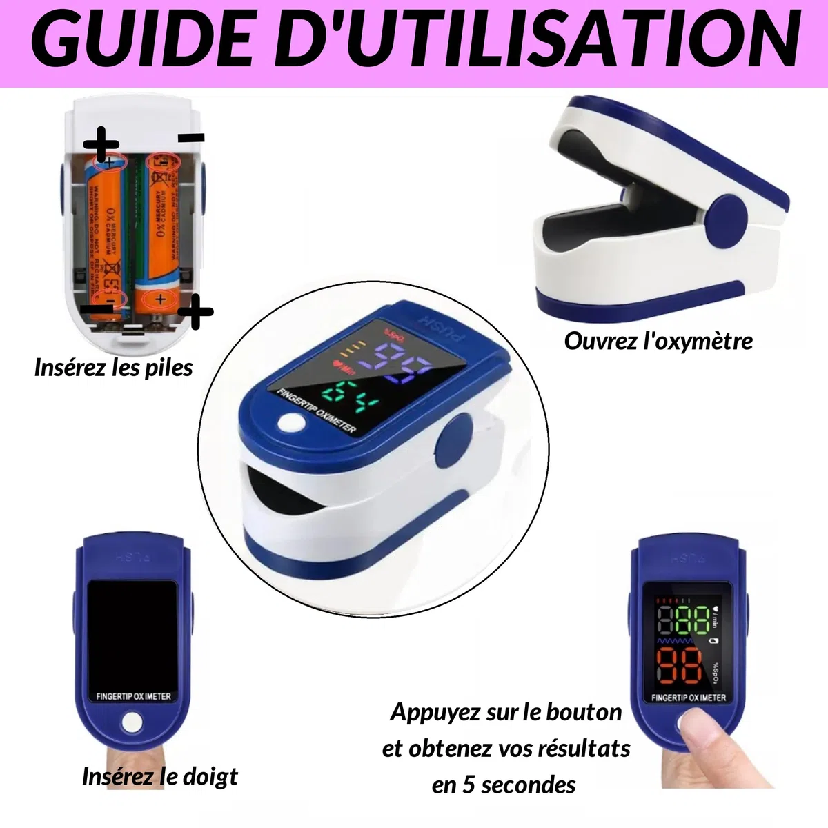 Oxymètre de Pouls Doigt – LOT DE 2 – Mesure SpO₂ & Fréquence Cardiaque – Écran LED Lisible – Piles Incluses – Oxymètre Adultes & Adolescents – Usage Bien-Être notice en Français etui et cordon
