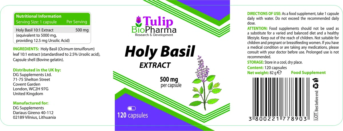 Basilic Tulsi sacré 5000mg Equivalent (500mg d'extrait 10:1) 120 Capsules, très fort, sans gluten, sans OGM, sans agent de remplissage
