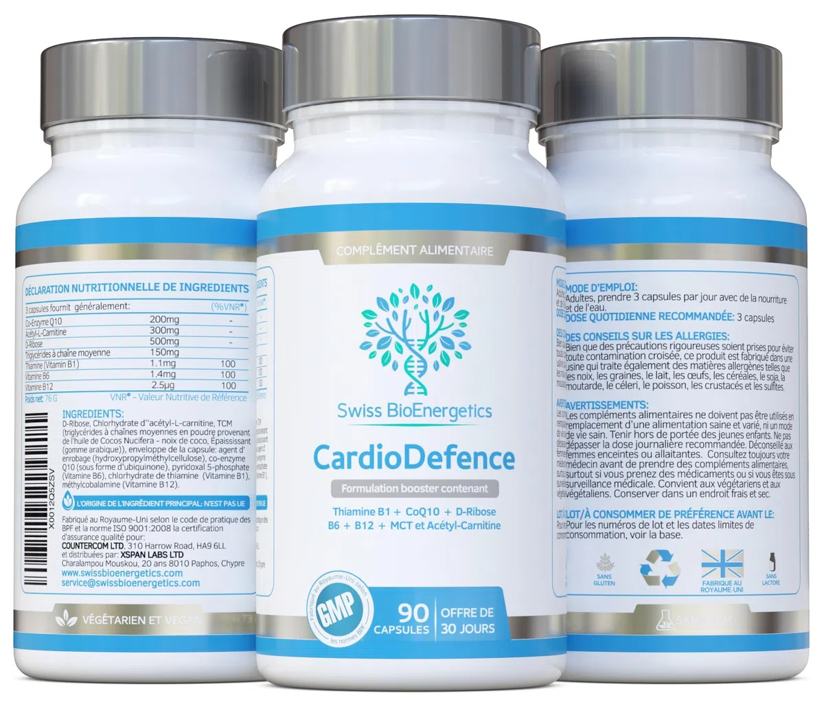 CardioDefence - équilibre précis de CoQ10, D-ribose, acétyl L-carnitine, vitamines B et MCT- contribuer à fonction normale du cœur et réduire la fatigue - 90 gélules