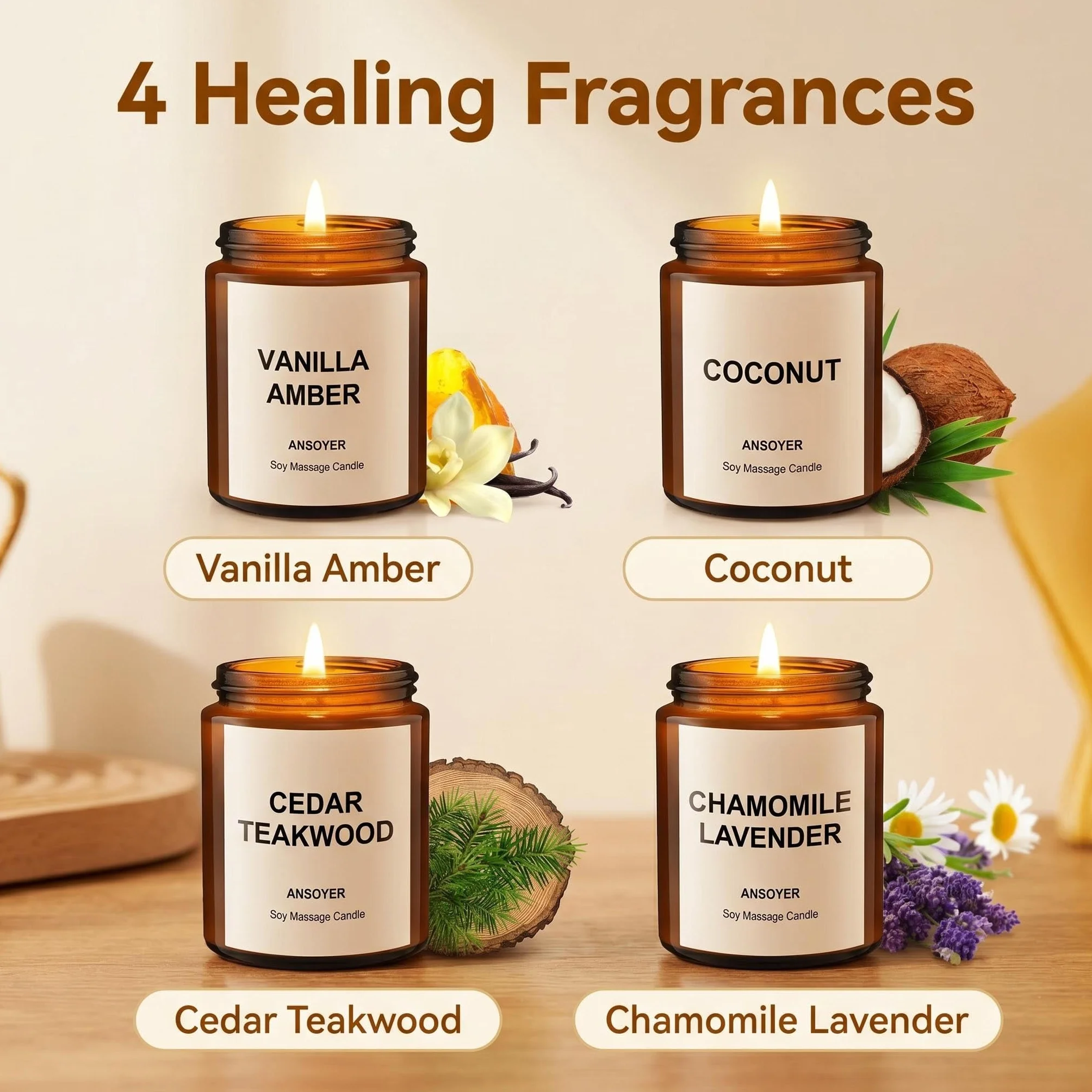 4Pcs x 128g, Ansoyer Bougie de massage, cire de soja naturel, pour un poids total de 512 g (Vanille Ambre + Noix de coco + Bois de teck de cèdre + Camomille lavande)