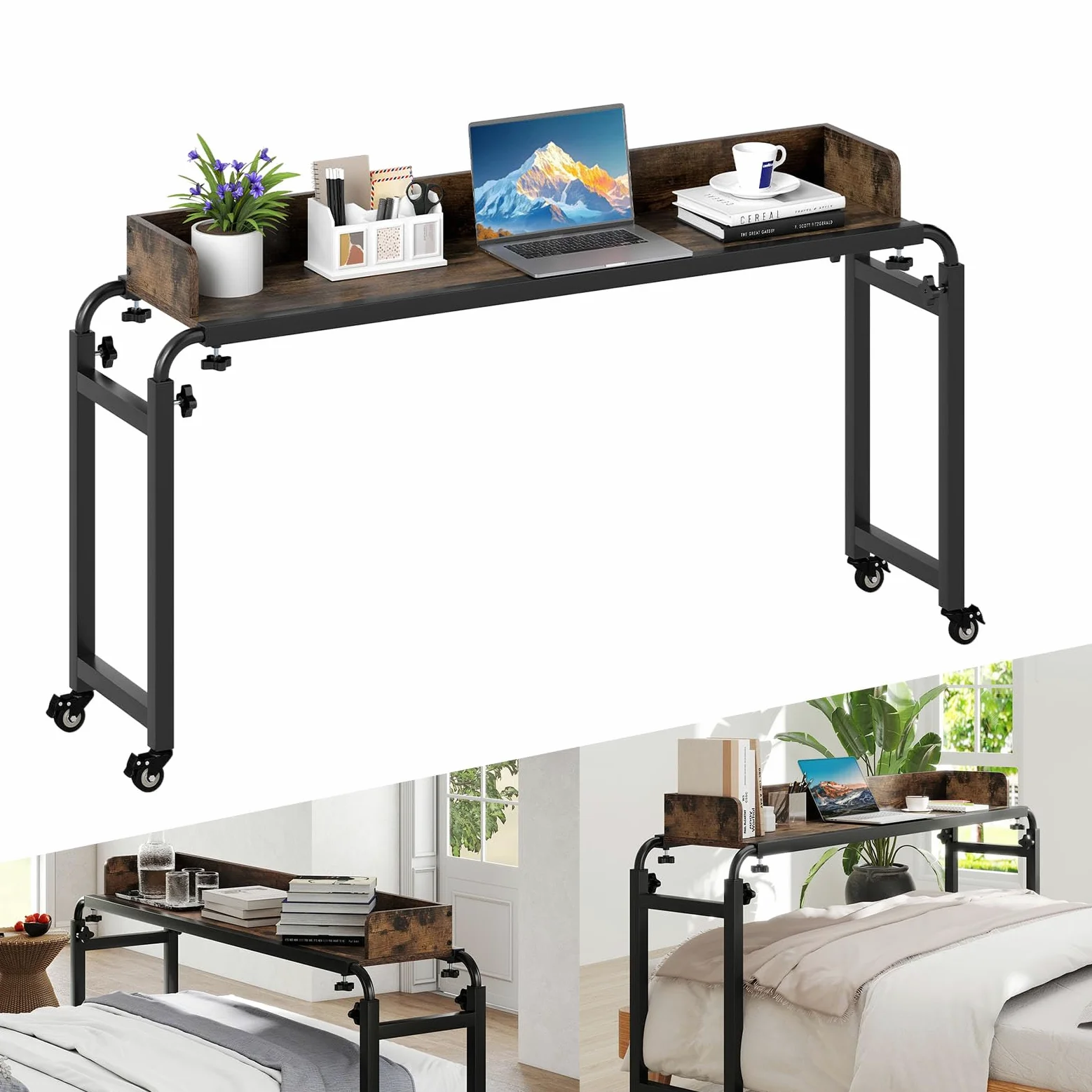 LIFEZEAL Table de lit à roulettes 117 x 35 cm, Table d'appoint pour Ordinateur Portable Polyvalente réglable, Bureau sur Le lit avec Hauteur et Largeur modifiables, Compatible avec Plusieurs Lits