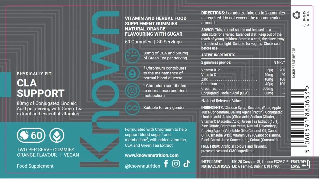 Known CLA Support Gummies – Vitamines B – Énergie & Métabolisme – Saveur Naturelle d'Orange – 60 Gummies Véganes, 1 Mois d'Approvisionnement