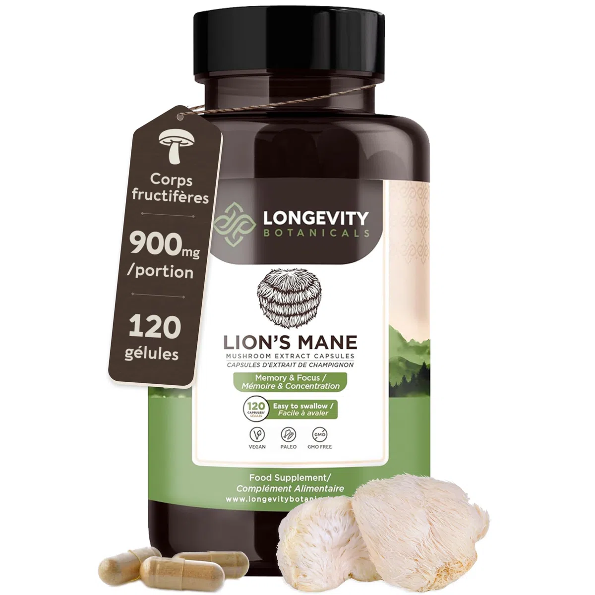 Gélules Crinière de Lion (Lion’s Mane) x120 | Extrait Puissant 8:1 de Champignon Corps Fructifère Pur | 20% Bêta-D Glucanes | Équivalent Brut 7200mg par Portion | Soutien Mémoire Intestin & Cerveau
