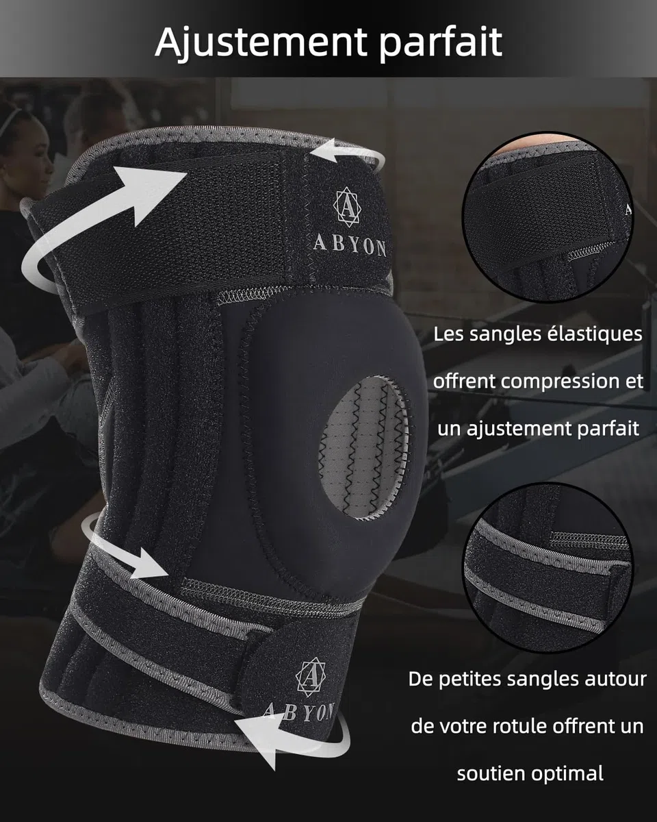 ABYON ELITE Genouillère Hommes & Femmes avec sangles antidérapantes réglables 4 niveaux et stabilisateurs latéraux – Attelle de genou pour douleurs, arthrite, LCA, ménisque, genou du coureur