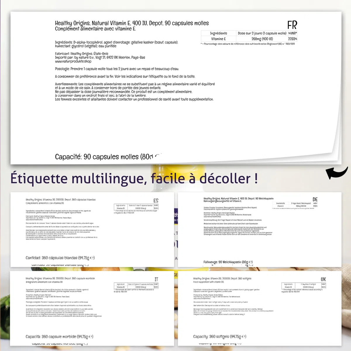 Healthy Origins, Natural Vitamin E, 268g (400 UI), 1 Capsule tous les 2 Jours, 90 Capsules molles, Haute Dosé, Sans Soja, Sans Gluten, Sans OGM