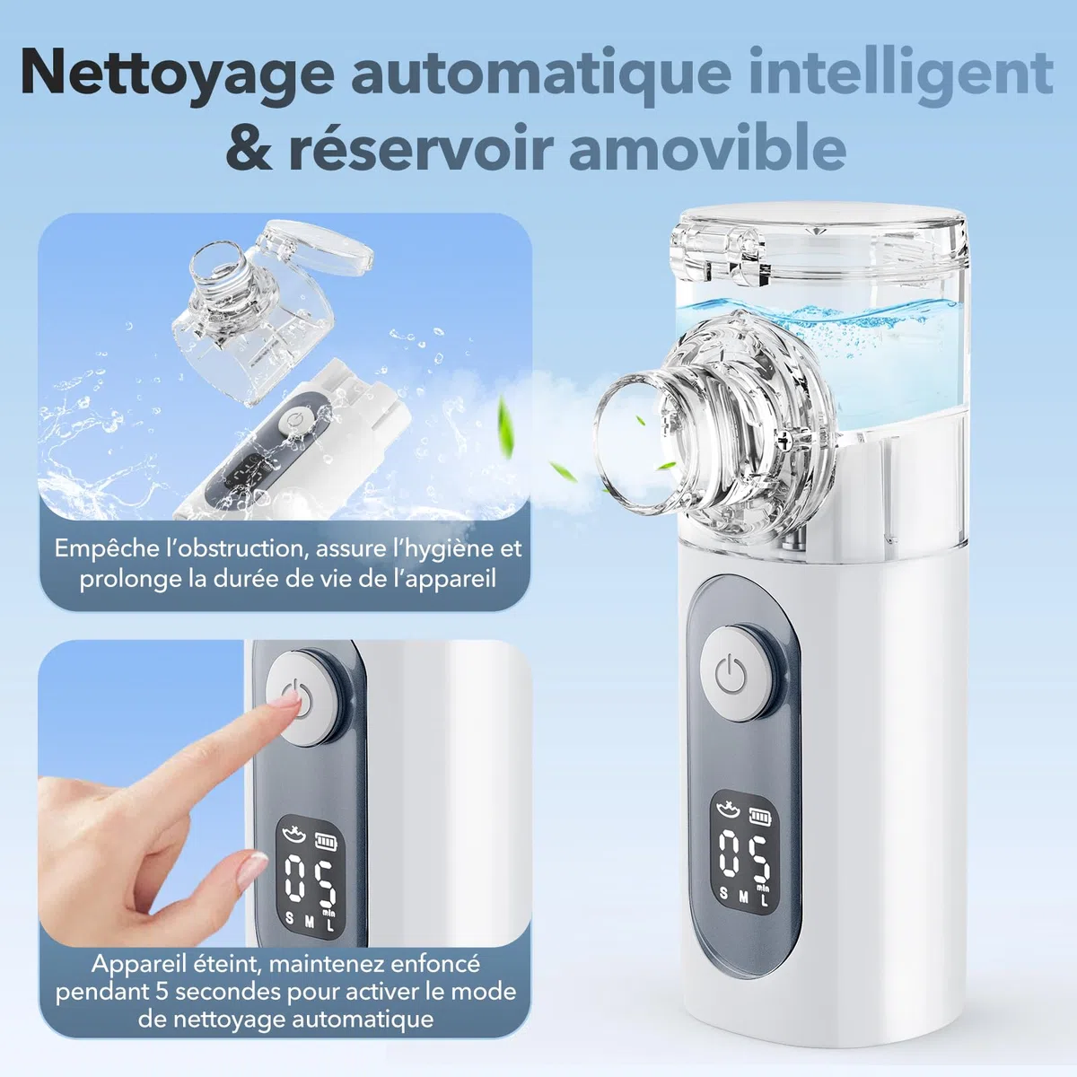Nebulisateur Portable pour Adultes et Enfants - Inhalateur Silencieux Rechargeable avec 3 Niveaux, Auto-Nettoyage, 2 Masques (Adulte/Enfant) et Embout Buccal - Pour la Maison, le Bureau et les Voyages