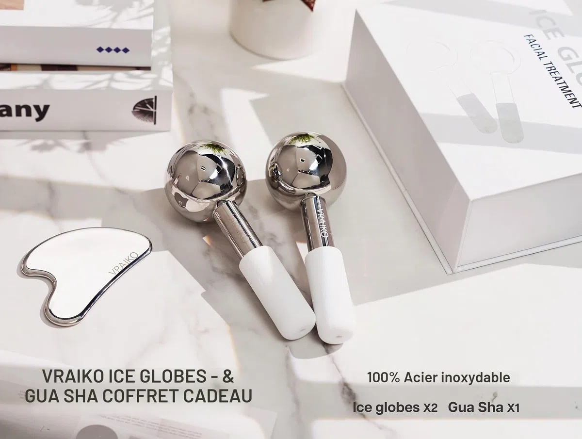 VRAIKO Ice Globes pour le visage et Gua Sha, outils pour le visage Gua Sha et bâtonnets de cryo avec acier incassable, rouleaux de refroidissement pour les cernes, les poches et le drainage (Blanc)
