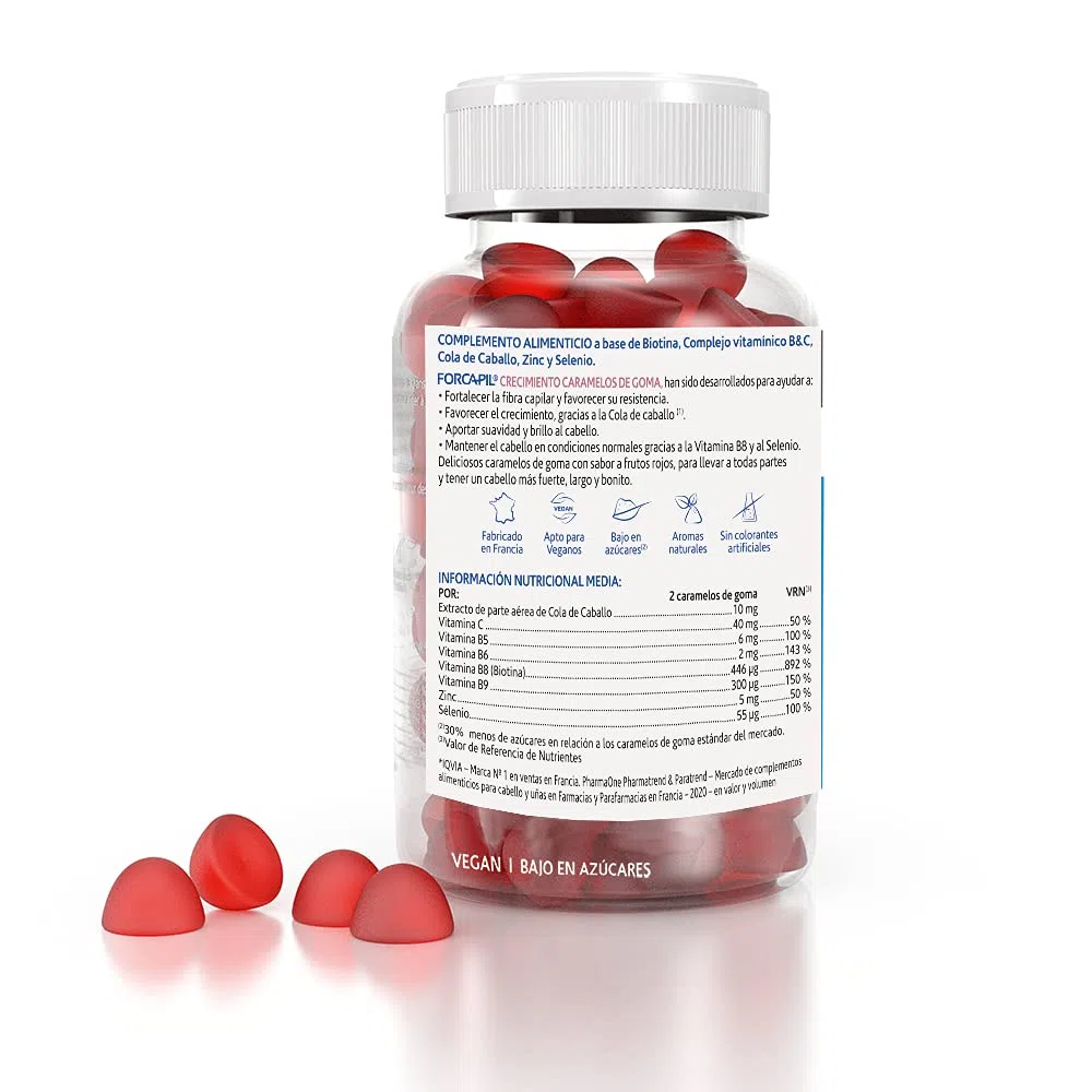 Arkopharma Forcapil Croissance, 60 gummies, Caramètres en caoutchouc Saveur fruits Rouge, Force, Vitalité et Brillant, Haute Concentration en biotine, Vitamine B et C, complément alimentaire