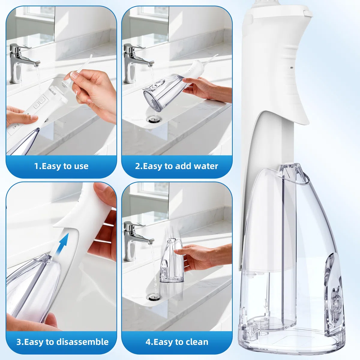 Jet Dentaire Hydropulseur Portable, 300 ML USB Rechargeable Sans Fil Hydropulseur Dentaire avec 4 Embouts et 4 Modes, étanche IPX7 Water Flosser pour Domicile et en Voyage (Blanc)