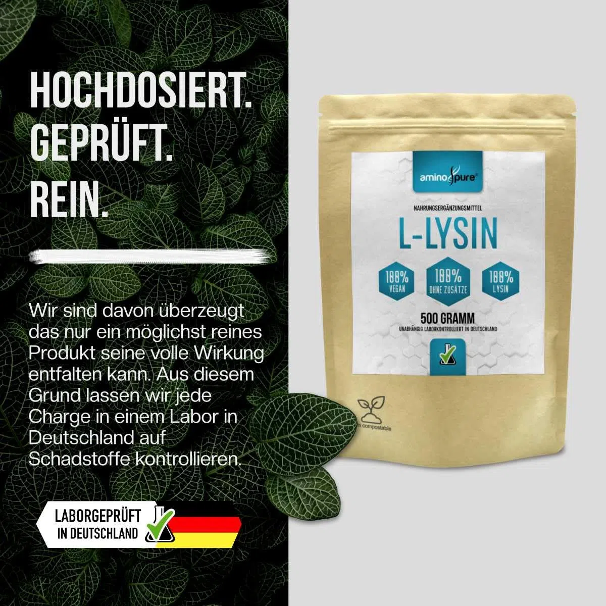 Poudre de lysine pure | L-lysine pure sans additifs | 250 portions (2 grammes par jour) | 100 % végétalien et testé en laboratoire avec certificat | 500 g