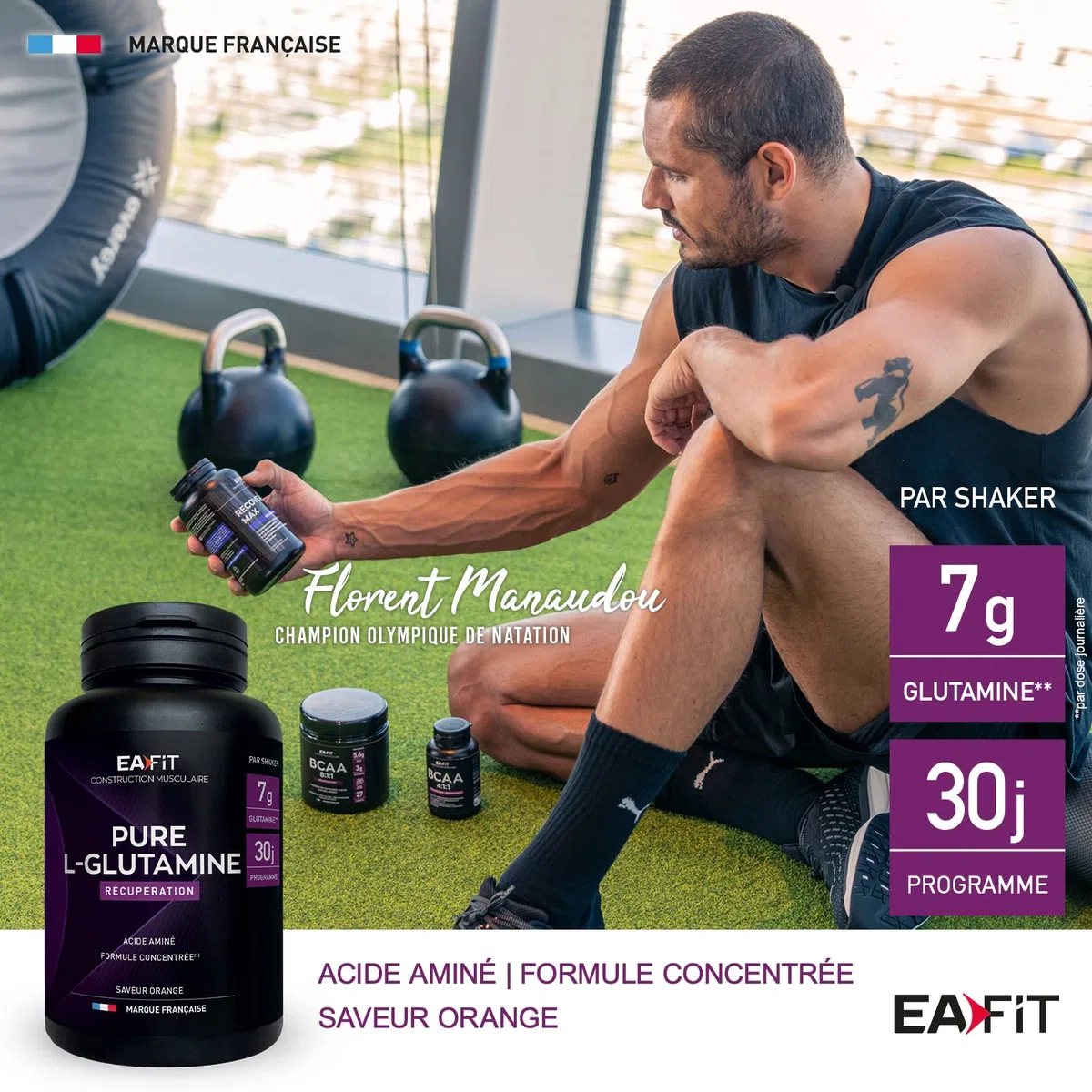 EAFIT | Pure L-Glutamine 243 g - L Glutamine en poudre - Supplément Acide Aminés en Poudre - Complément Alimentaire - Récupération Musculaire, Santé Intestinale et Immunité - Gout Orange