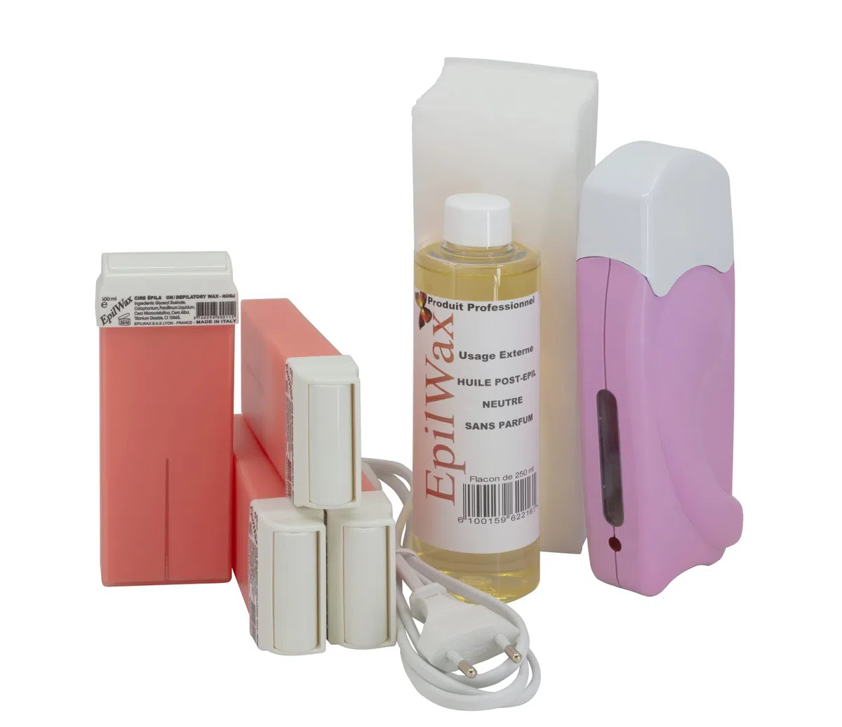 EpilWax - Kit Chauffe Cire Épilation Professionnelle avec 4 x Recharges Roll on Cire à la Rose, 100 x Bandes d'Épilation et Huile après Épilation - Gamme Solo