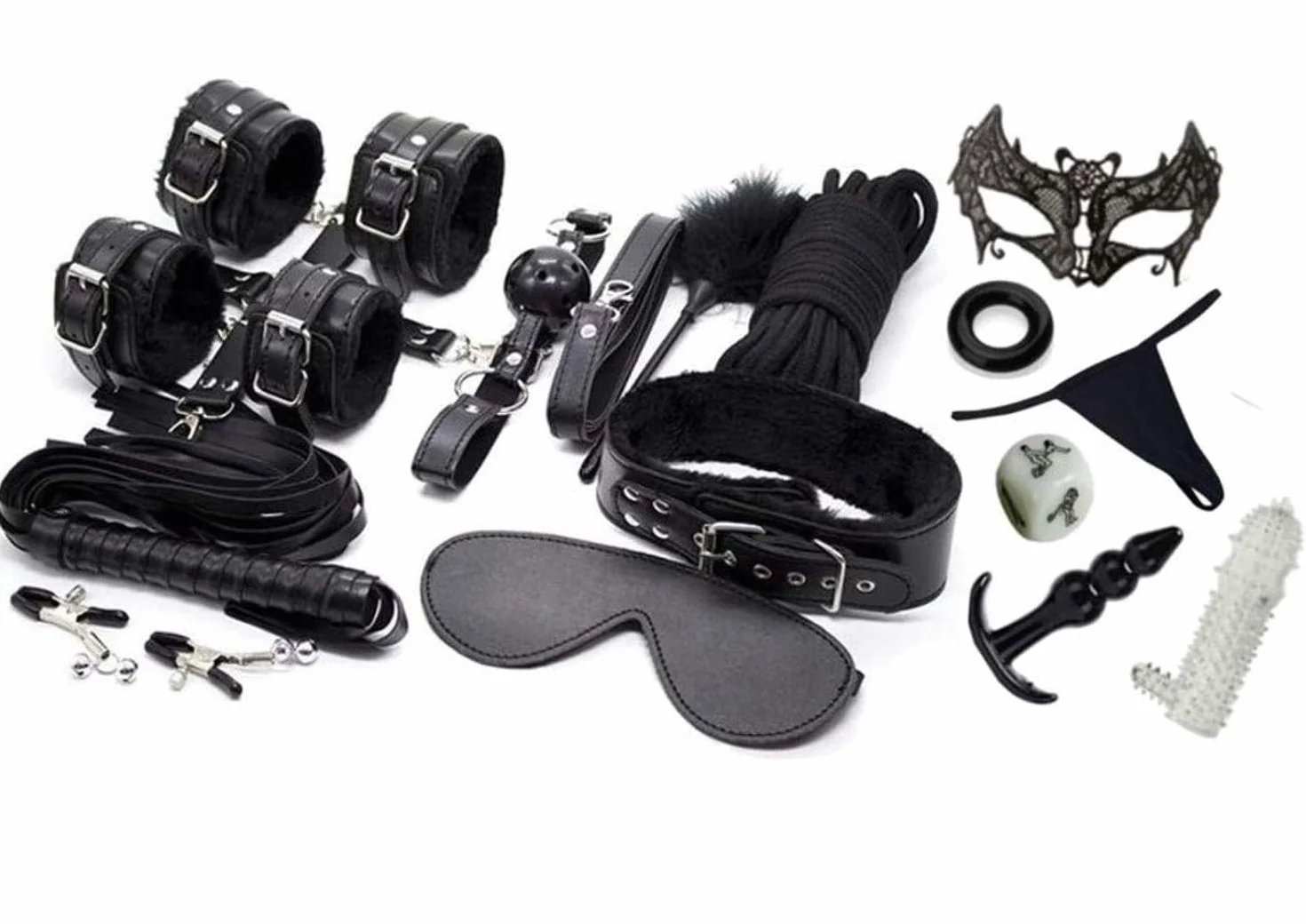 Ensemble de Servitude BDSM Composé de 18 Articles Parfait pour les Débutants, Menottes SM Avec Masque pour les Yeux et Sex Toys Érotiques pour Couple, Noir